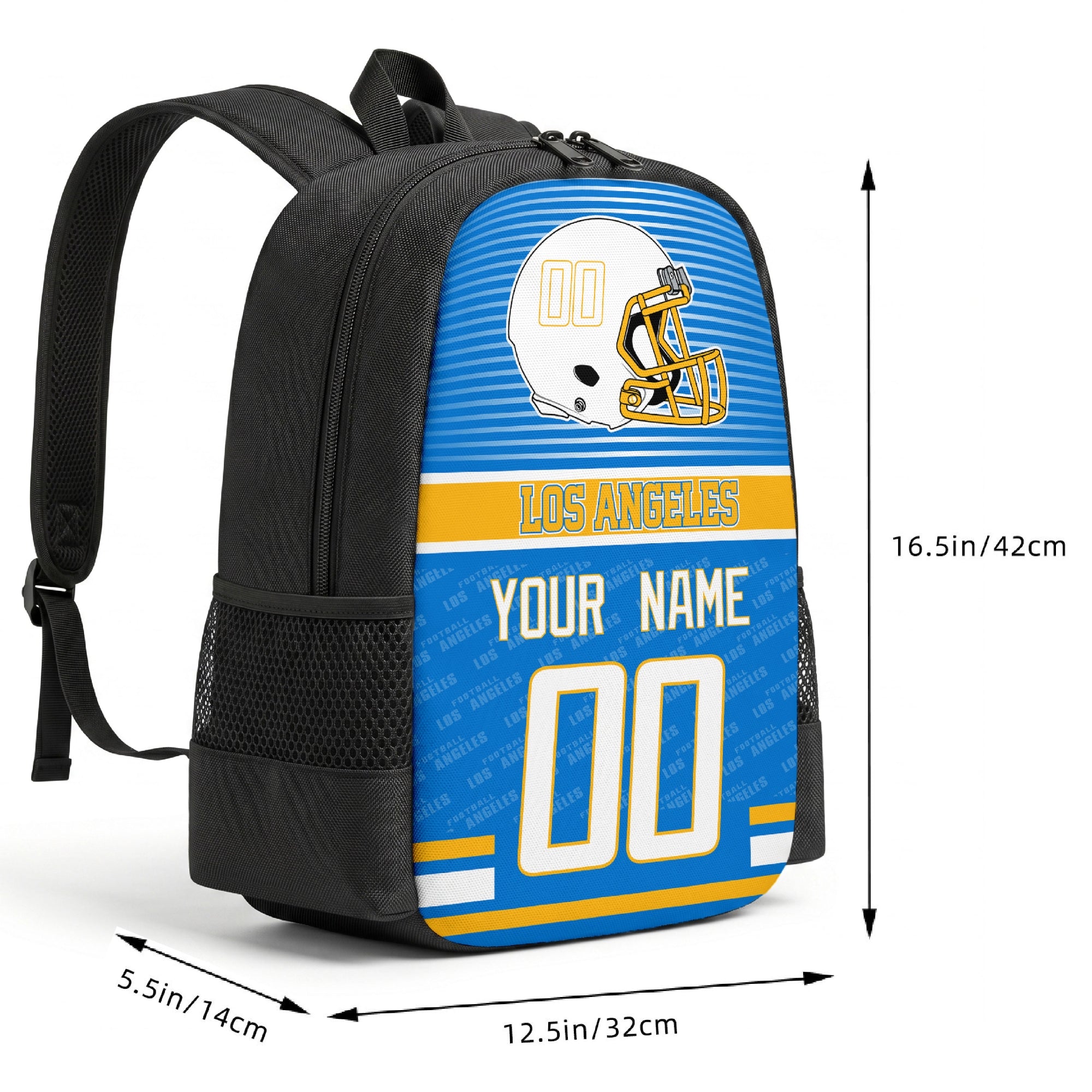 Los Angeles custom football backpack size chart 16.5 by 12.5 by 5.5 inches