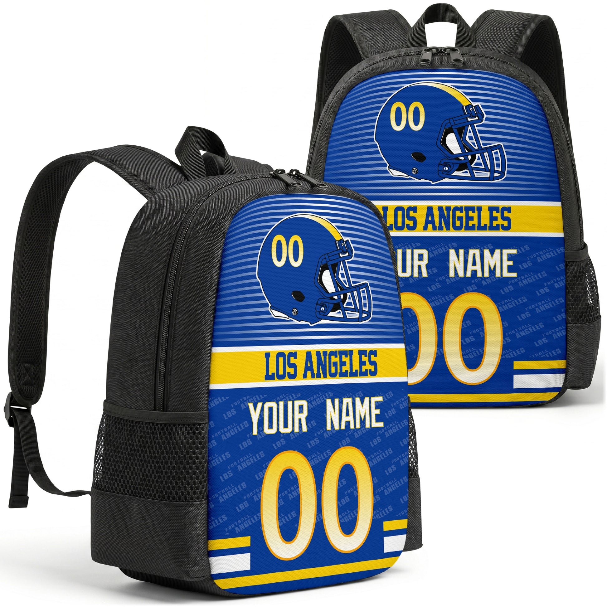 Custom football backpack in Los Angeles R city colors with name and number
