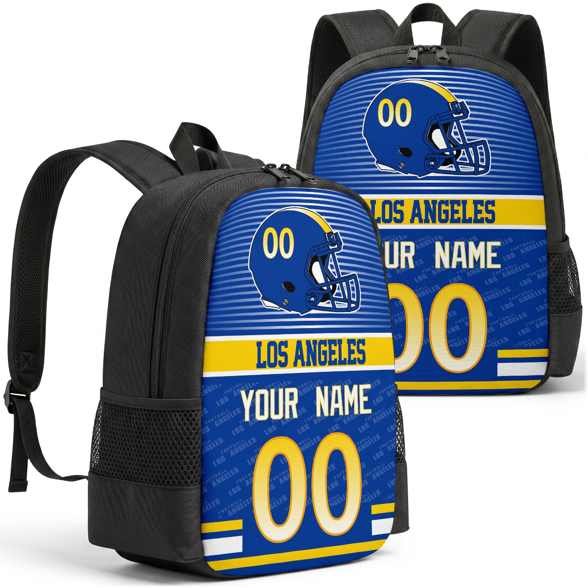 Custom football backpack in Los Angeles R city colors with name and number