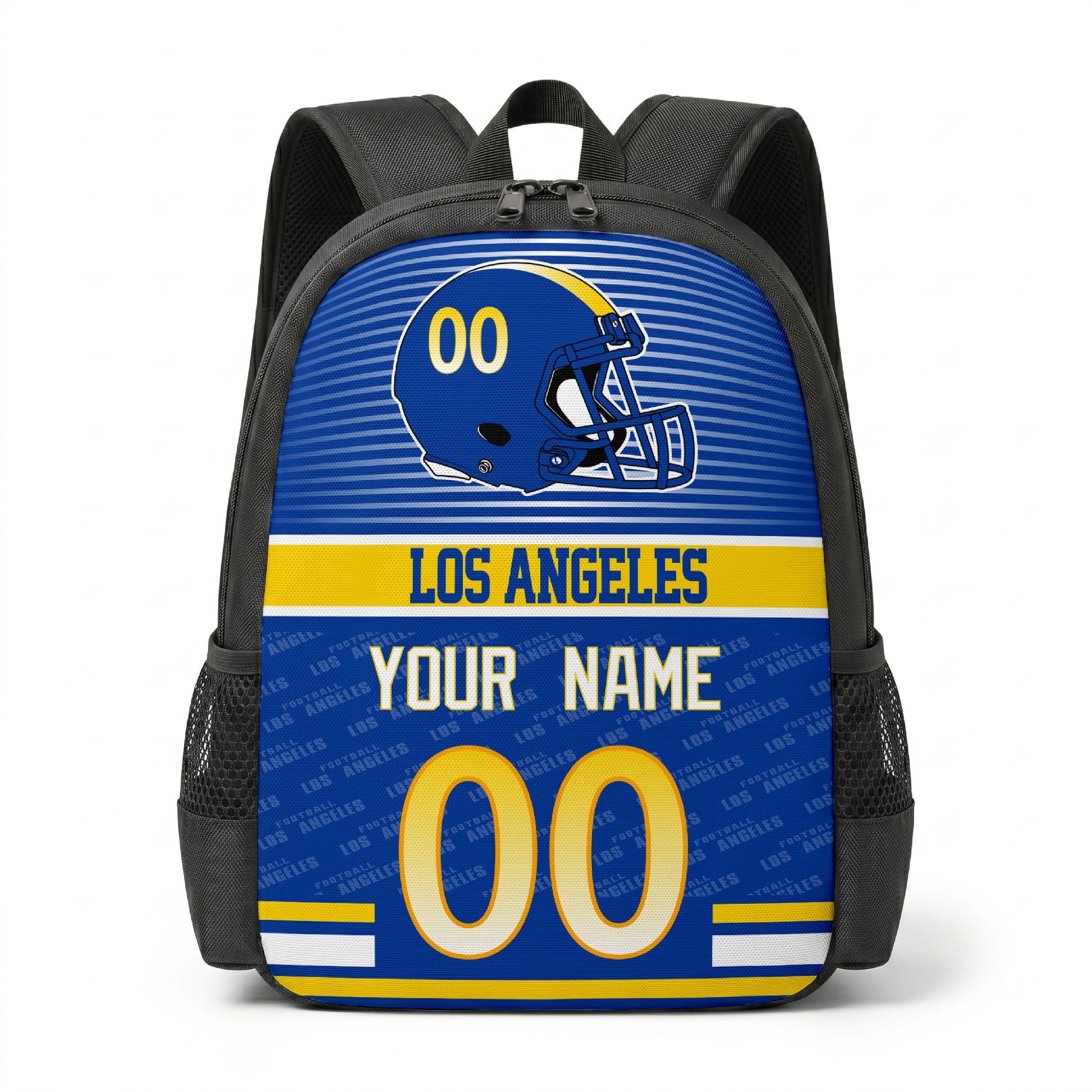Los Angeles R city color football backpack front view with helmet graphic