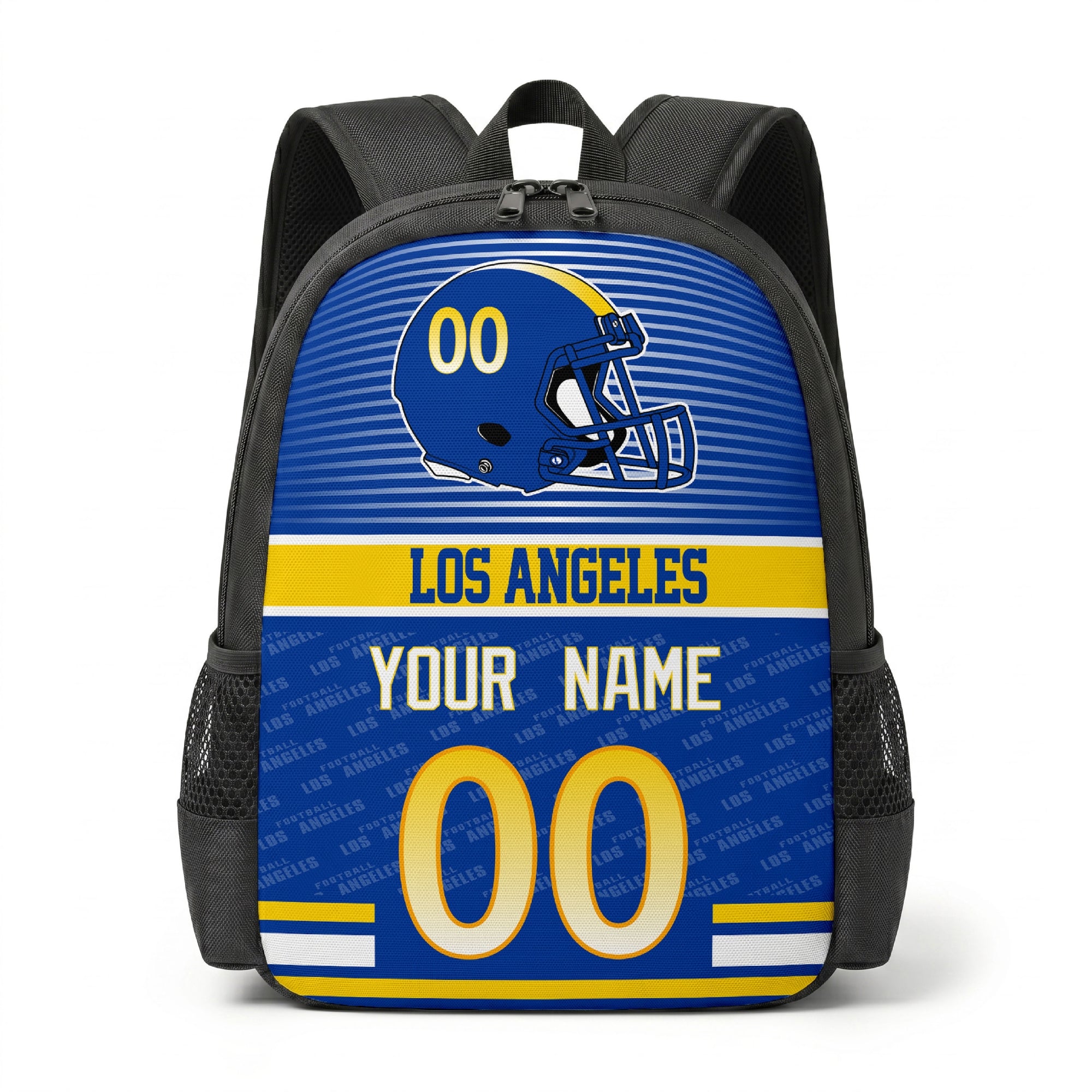 Los Angeles R city color football backpack front view with helmet graphic