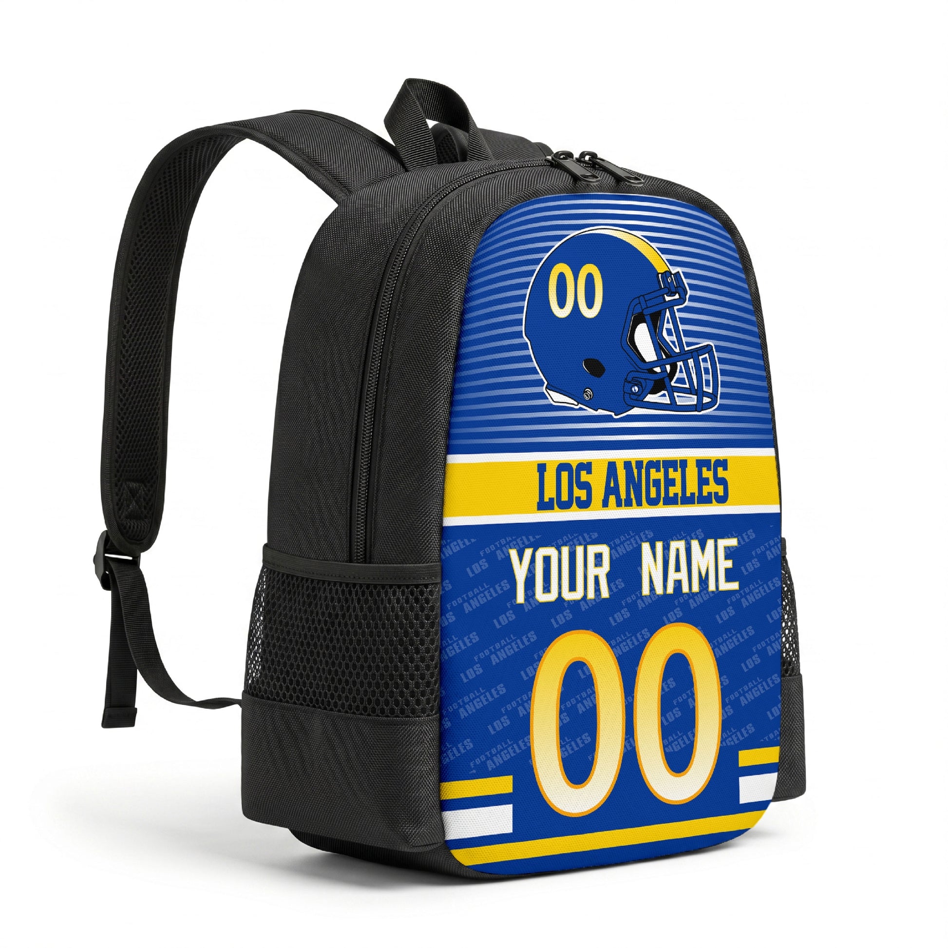 Los Angeles R personalized football backpack angled view with black straps