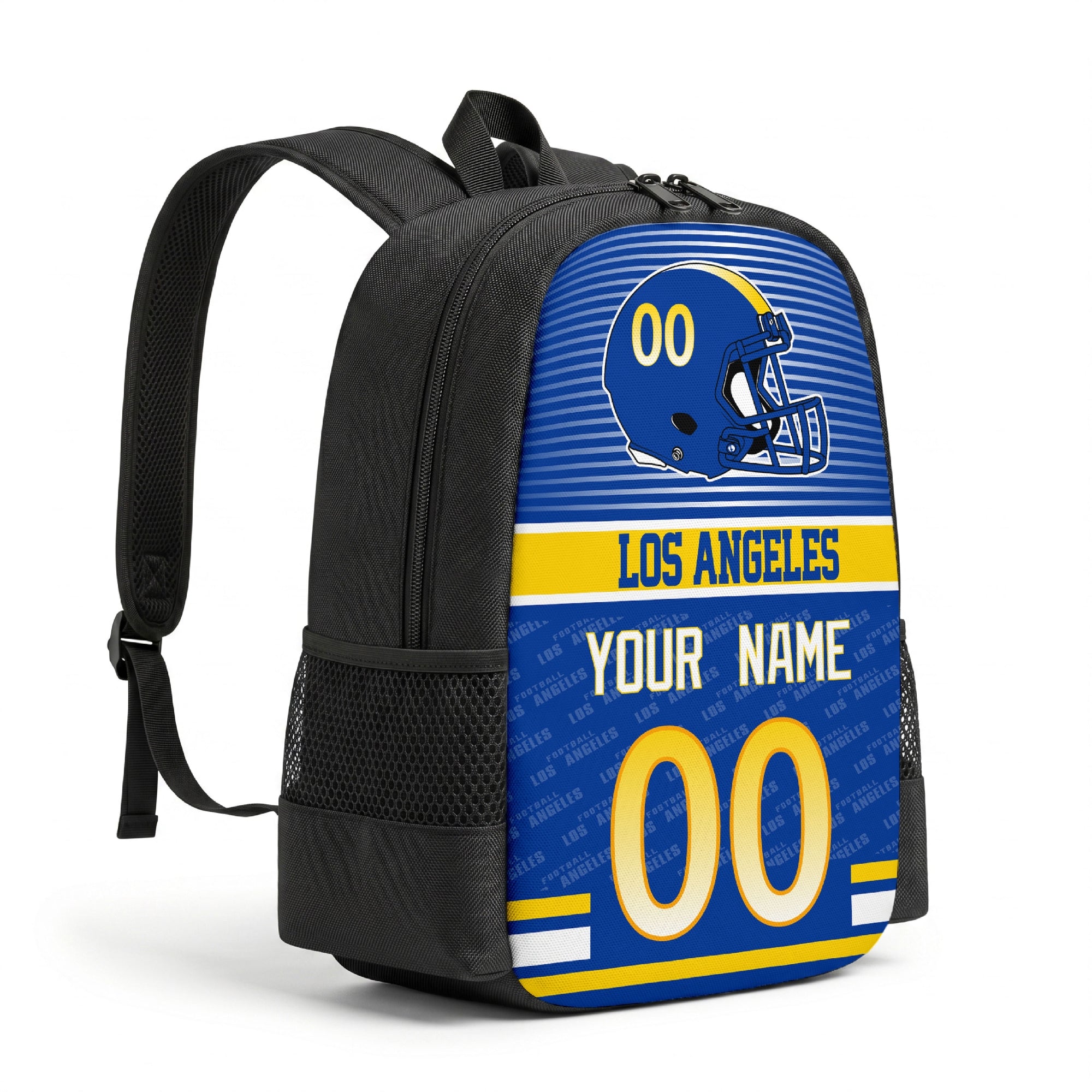 Los Angeles R personalized football backpack angled view with black straps