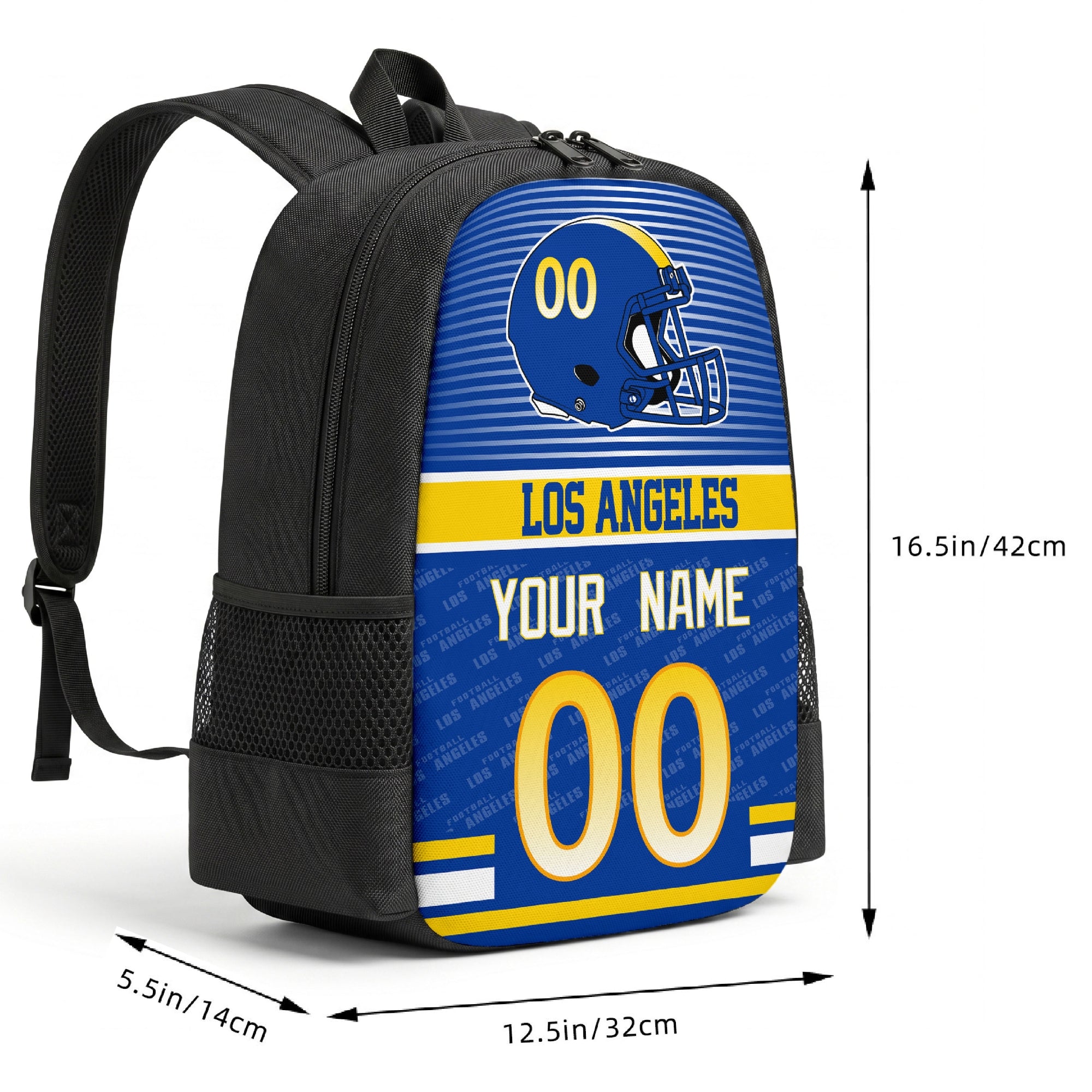 Los Angeles R custom football backpack size chart 16.5 by 12.5 by 5.5 inches