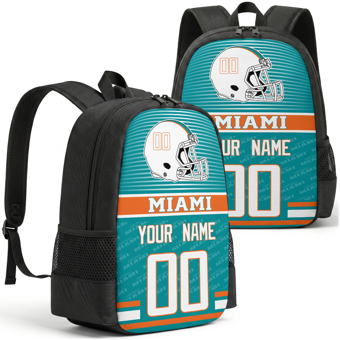 Custom football backpack in Miami city colors with name and number