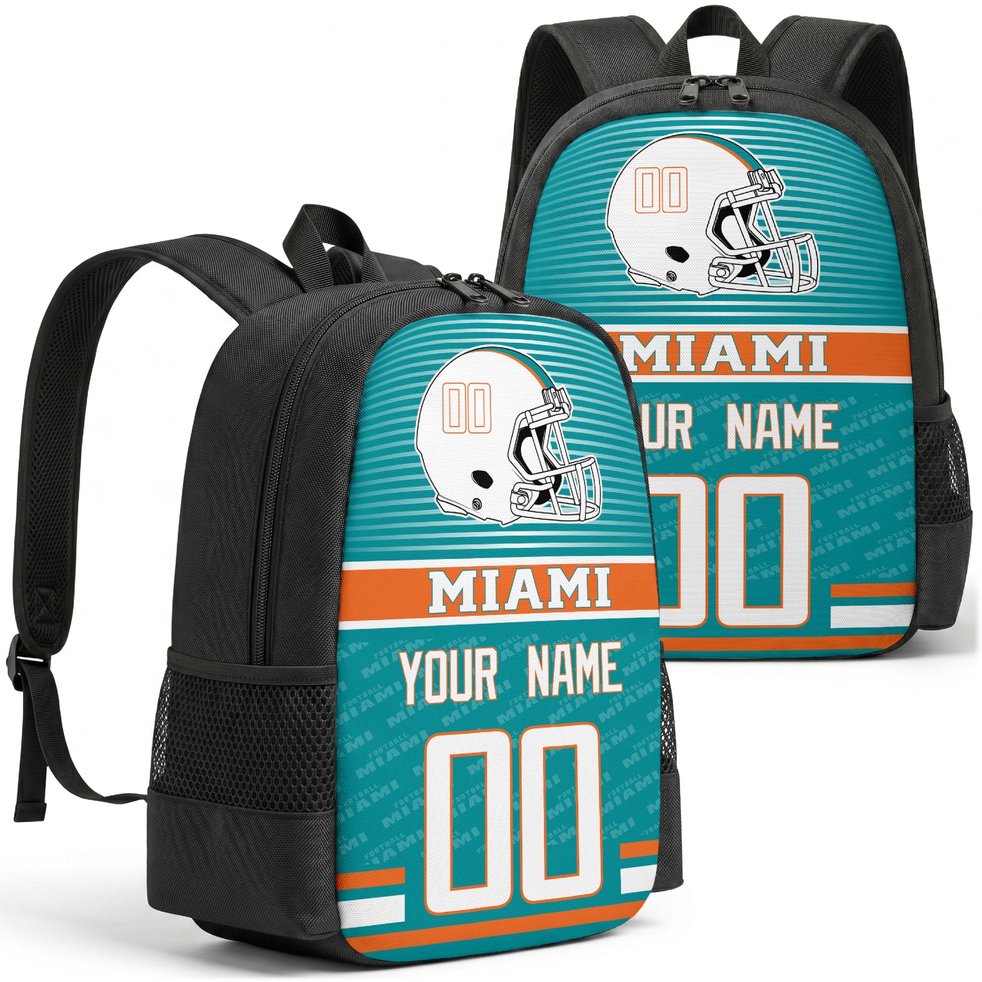 Custom football backpack in Miami city colors with name and number