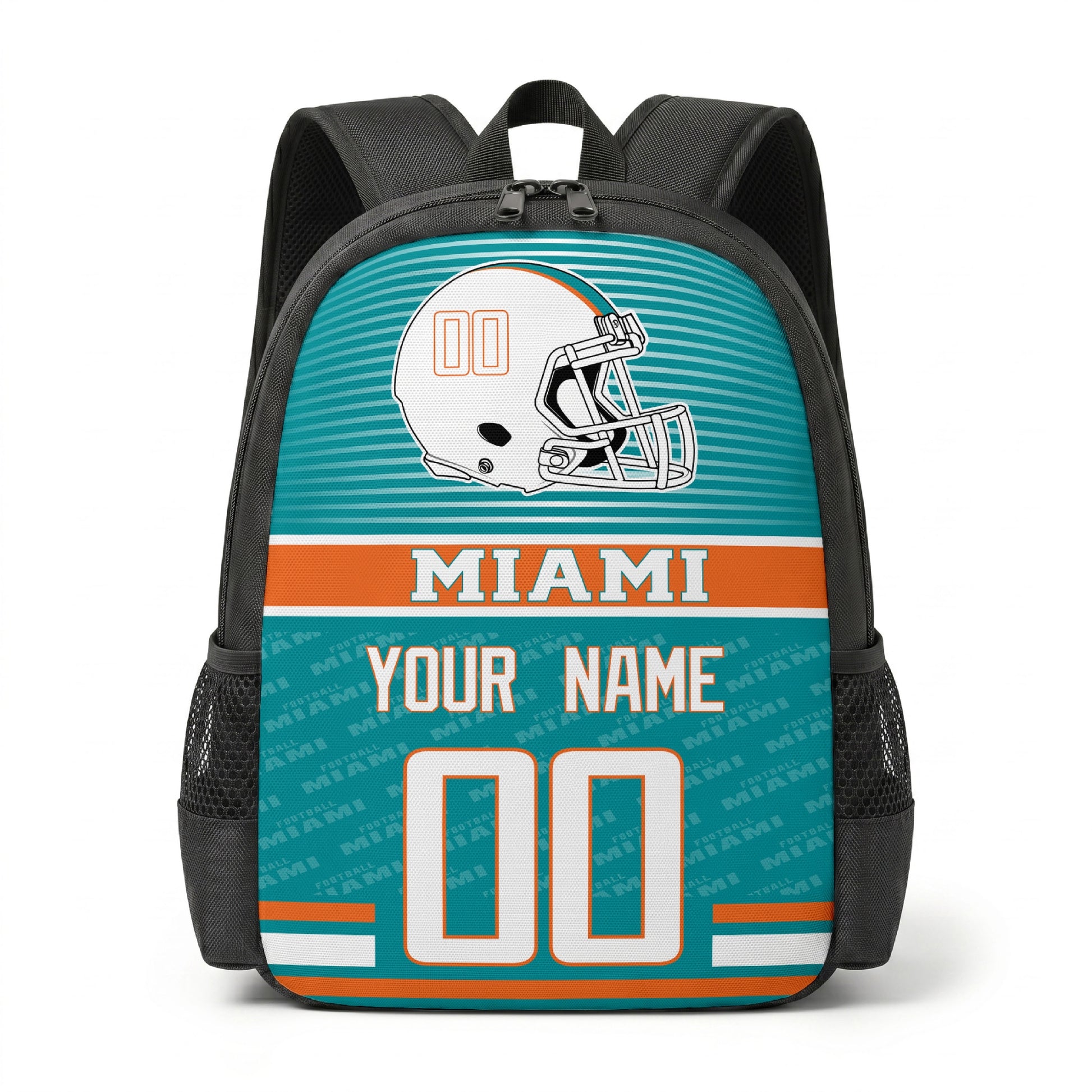 Miami city color football backpack front view with helmet graphic