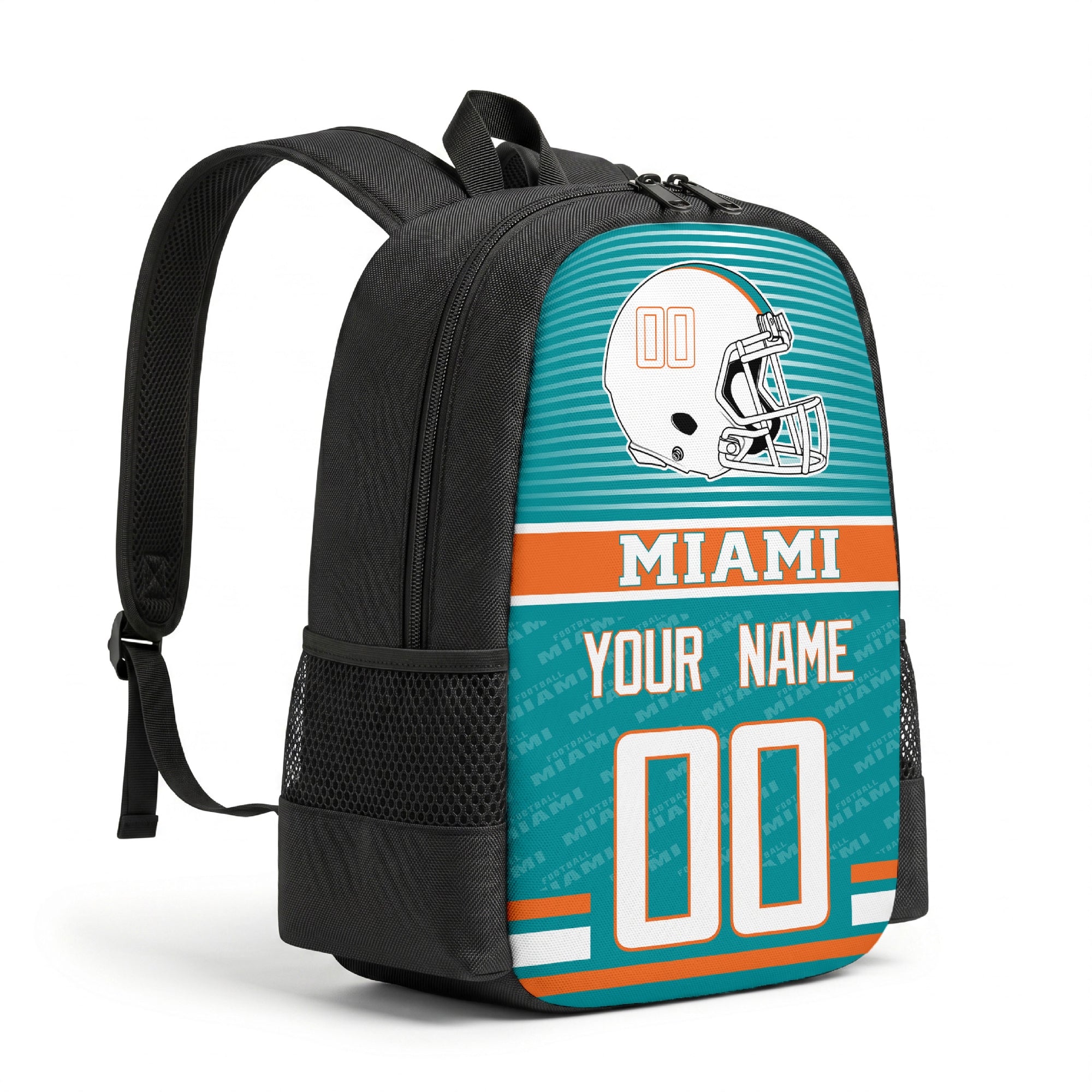 Miami personalized football backpack angled view with black straps