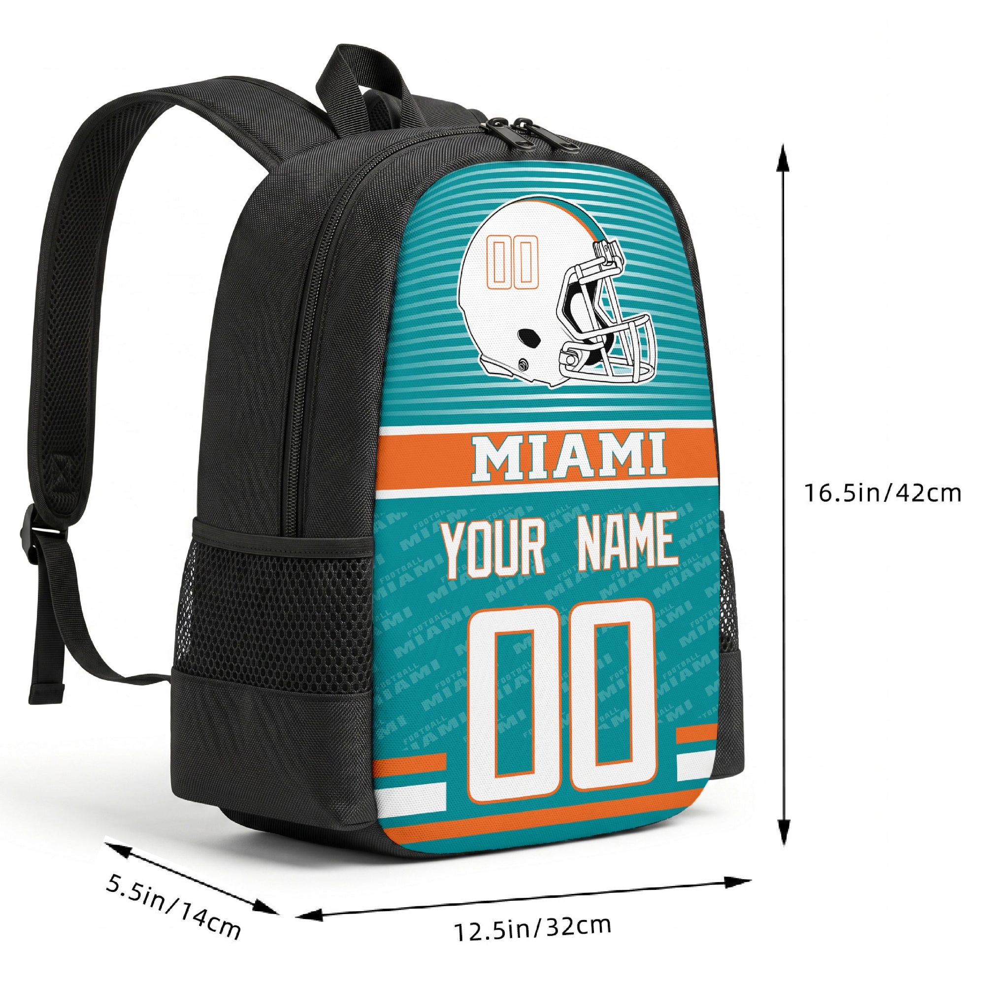 Miami custom football backpack size chart 16.5 by 12.5 by 5.5 inches