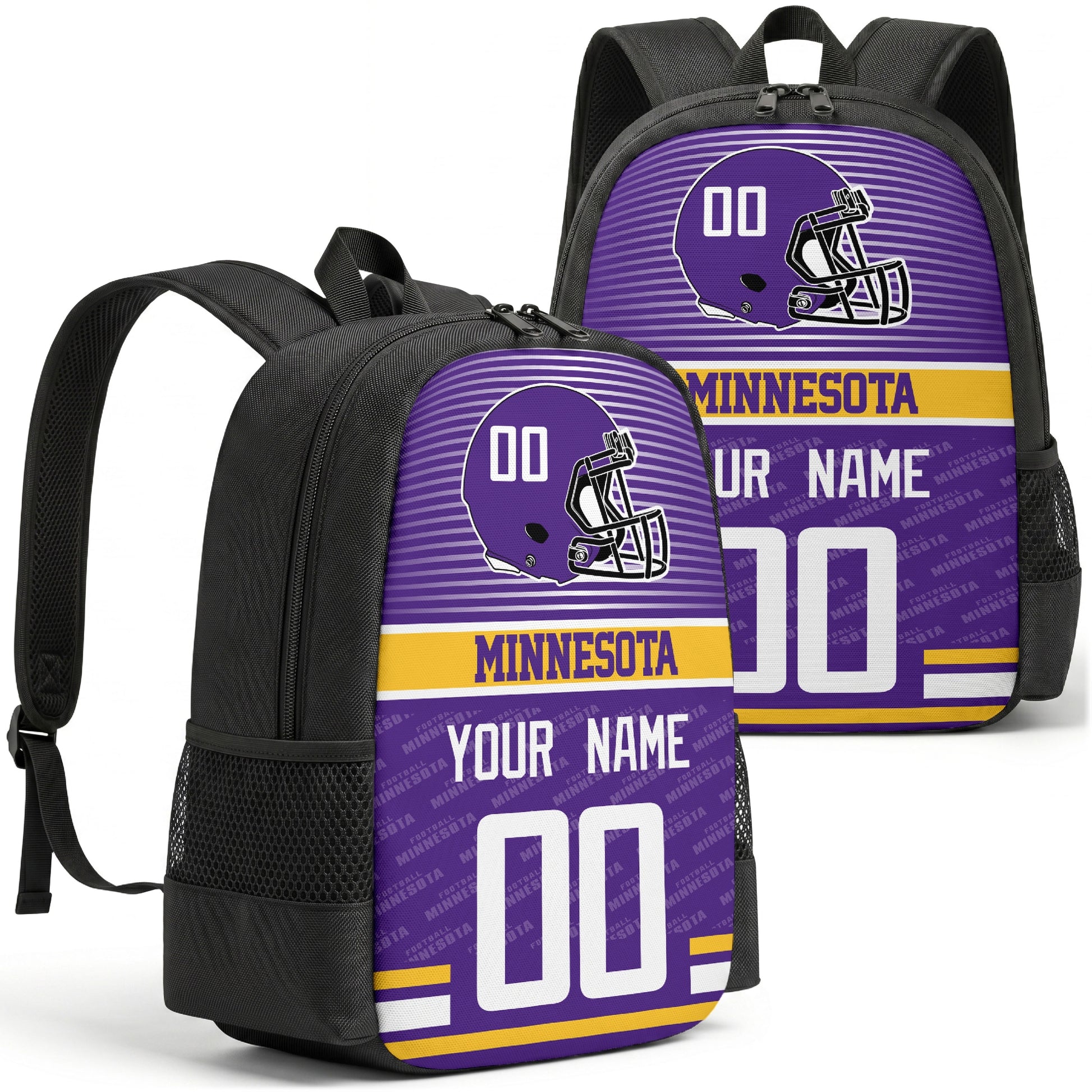 Custom football backpack in Minnesota city colors with name and number