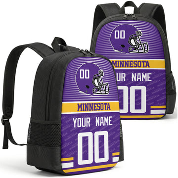 Custom football backpack in Minnesota city colors with name and number