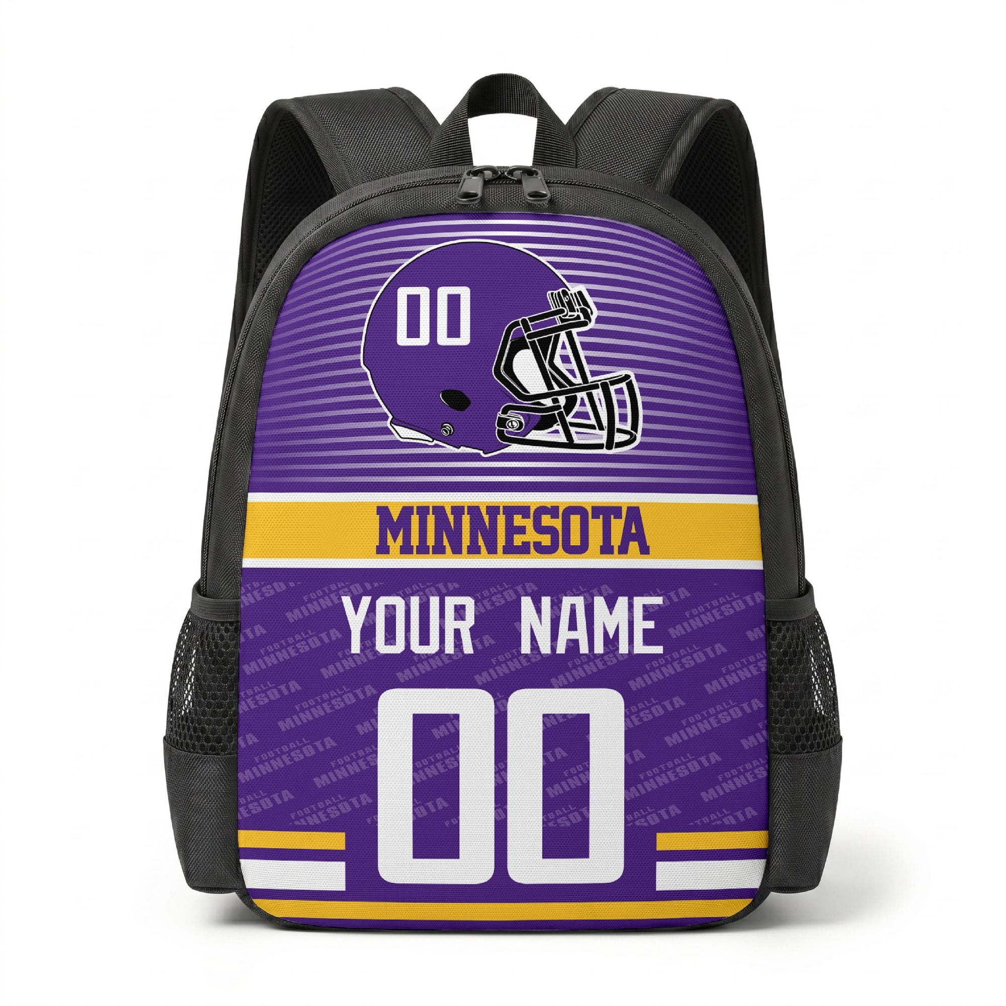 Minnesota city color football backpack front view with helmet graphic