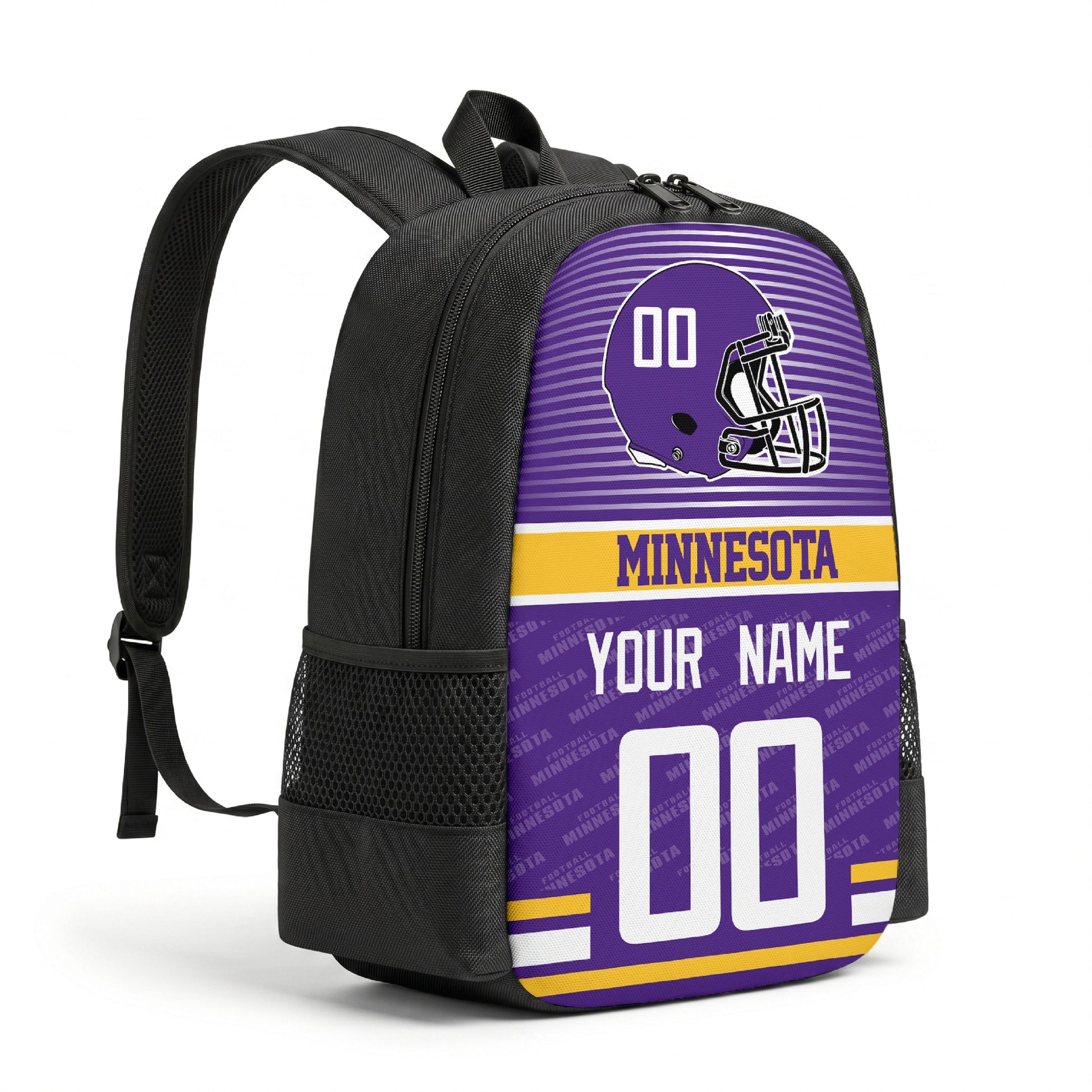Minnesota personalized football backpack angled view with black straps