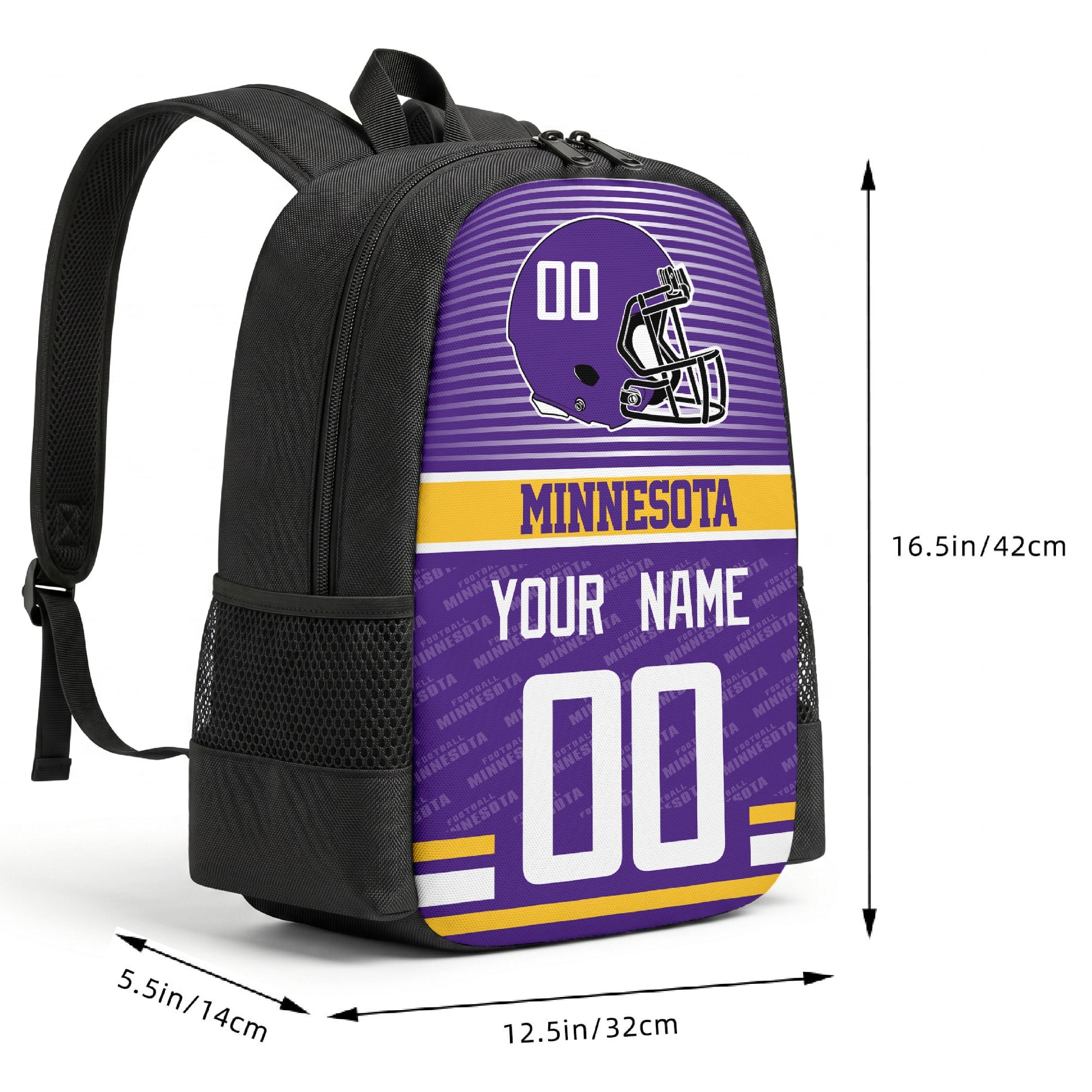Minnesota custom football backpack size chart 16.5 by 12.5 by 5.5 inches