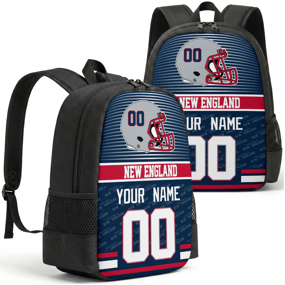 Custom football backpack in New England city colors with name and number