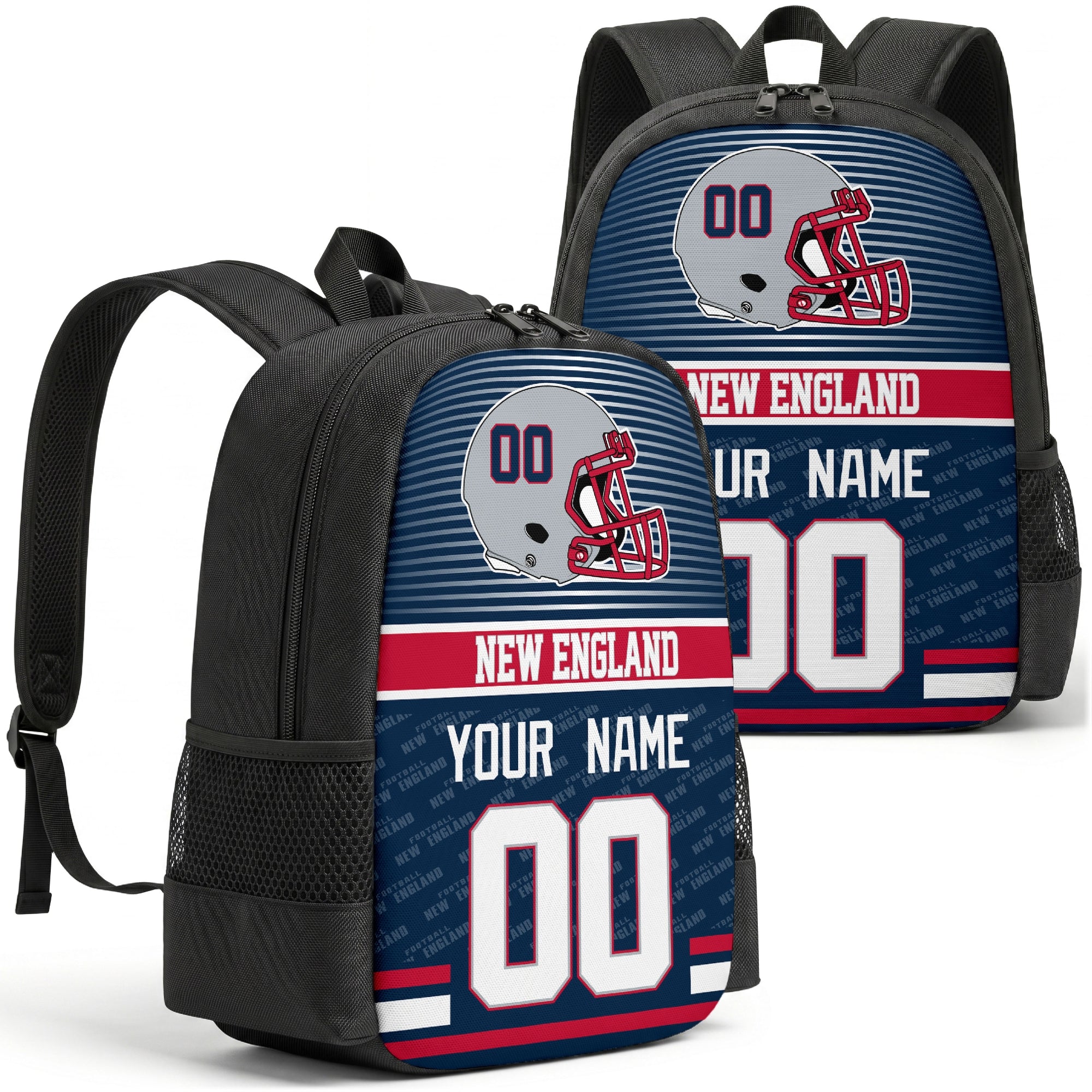 Custom football backpack in New England city colors with name and number