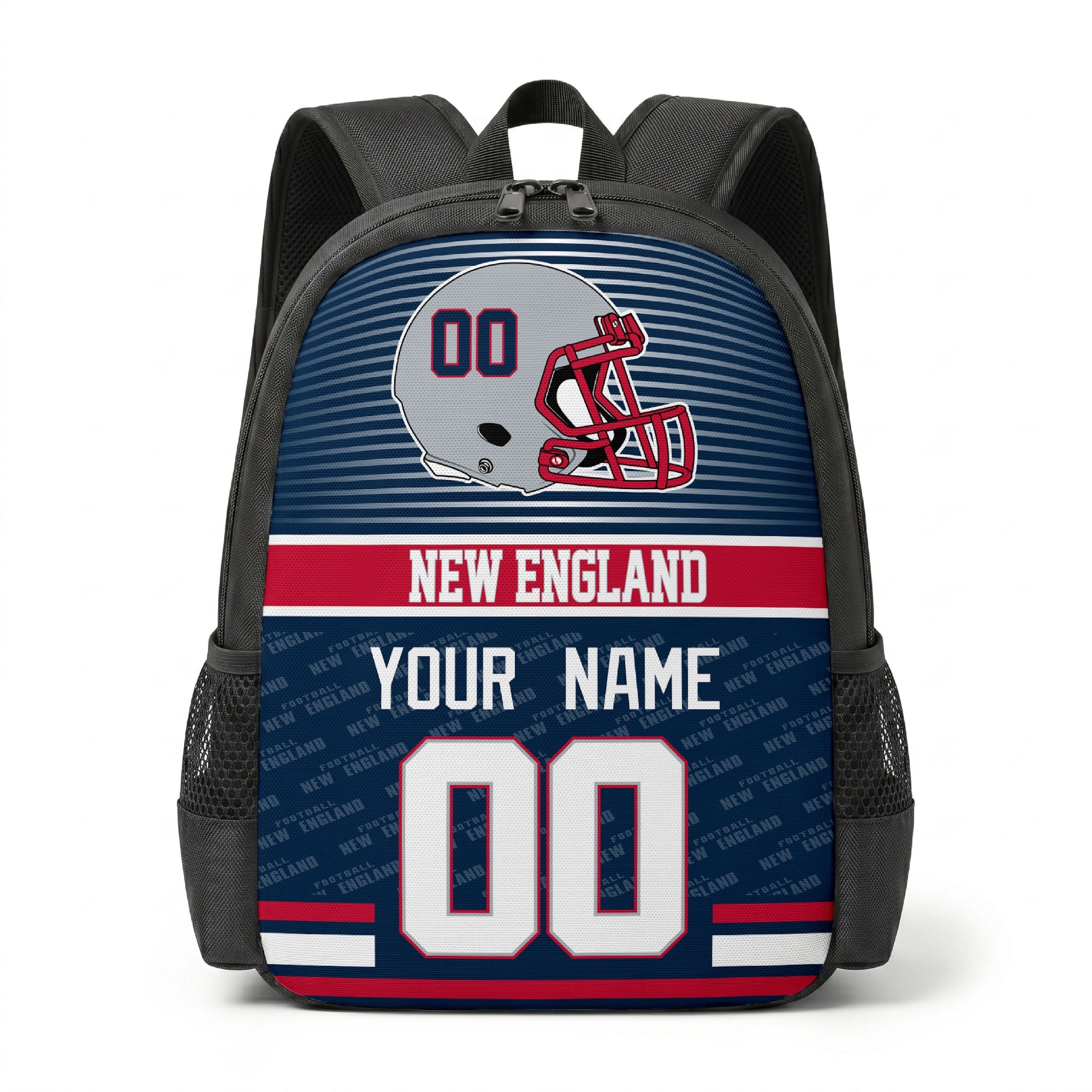New England city color football backpack front view with helmet graphic
