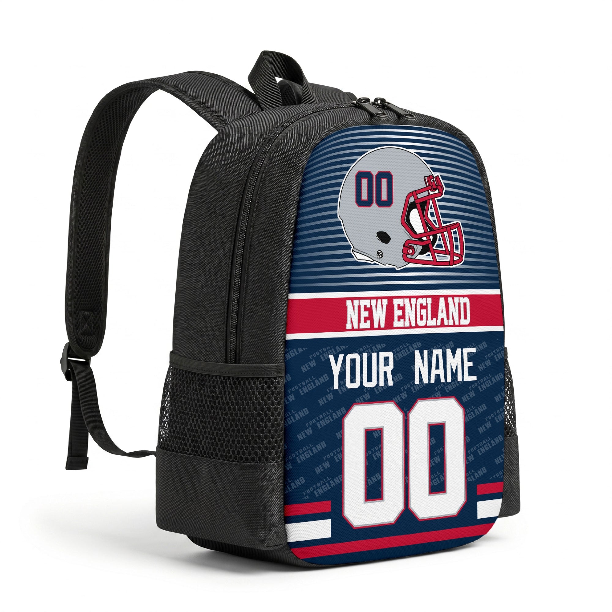 New England personalized football backpack angled view with black straps