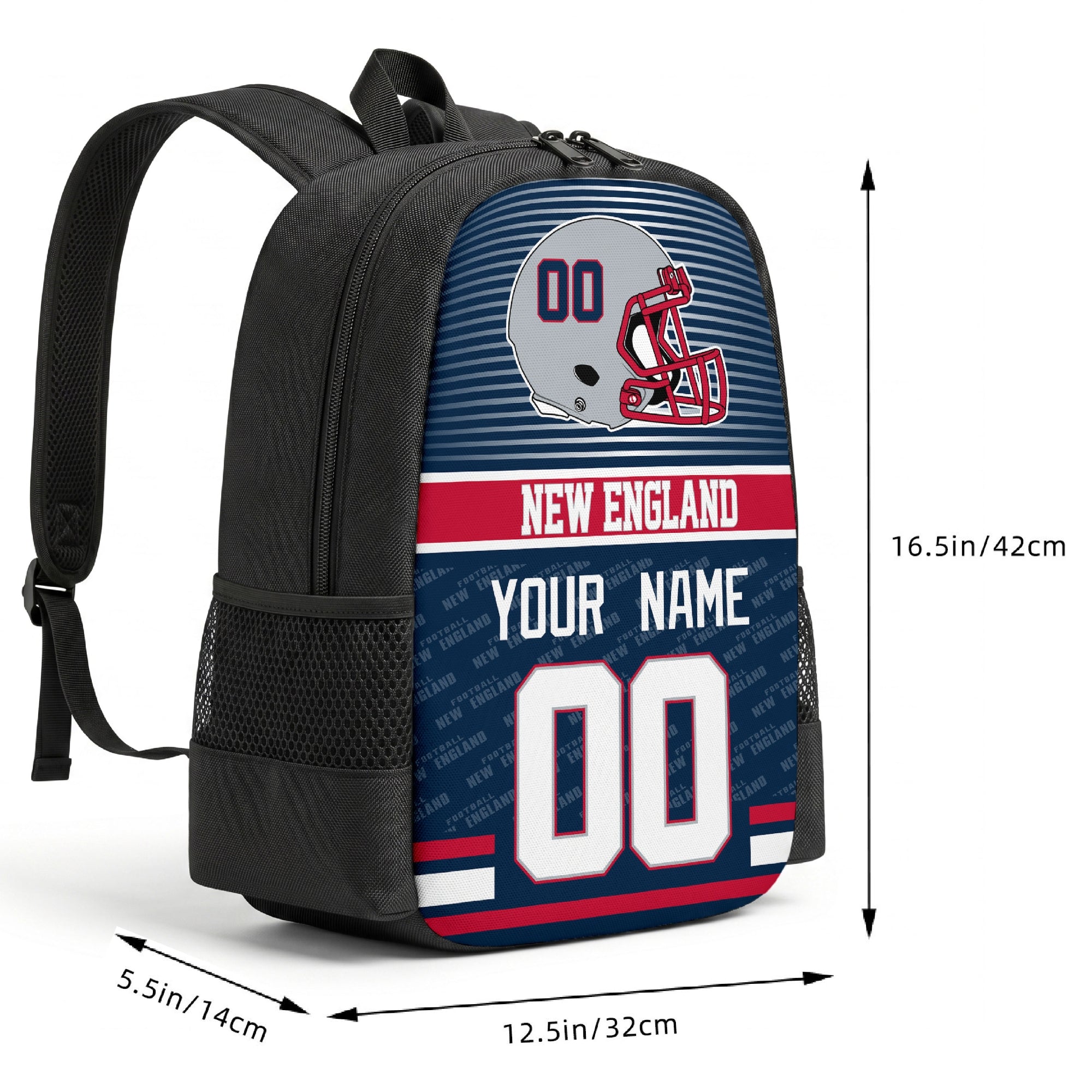 New England custom football backpack size chart 16.5 by 12.5 by 5.5 inches