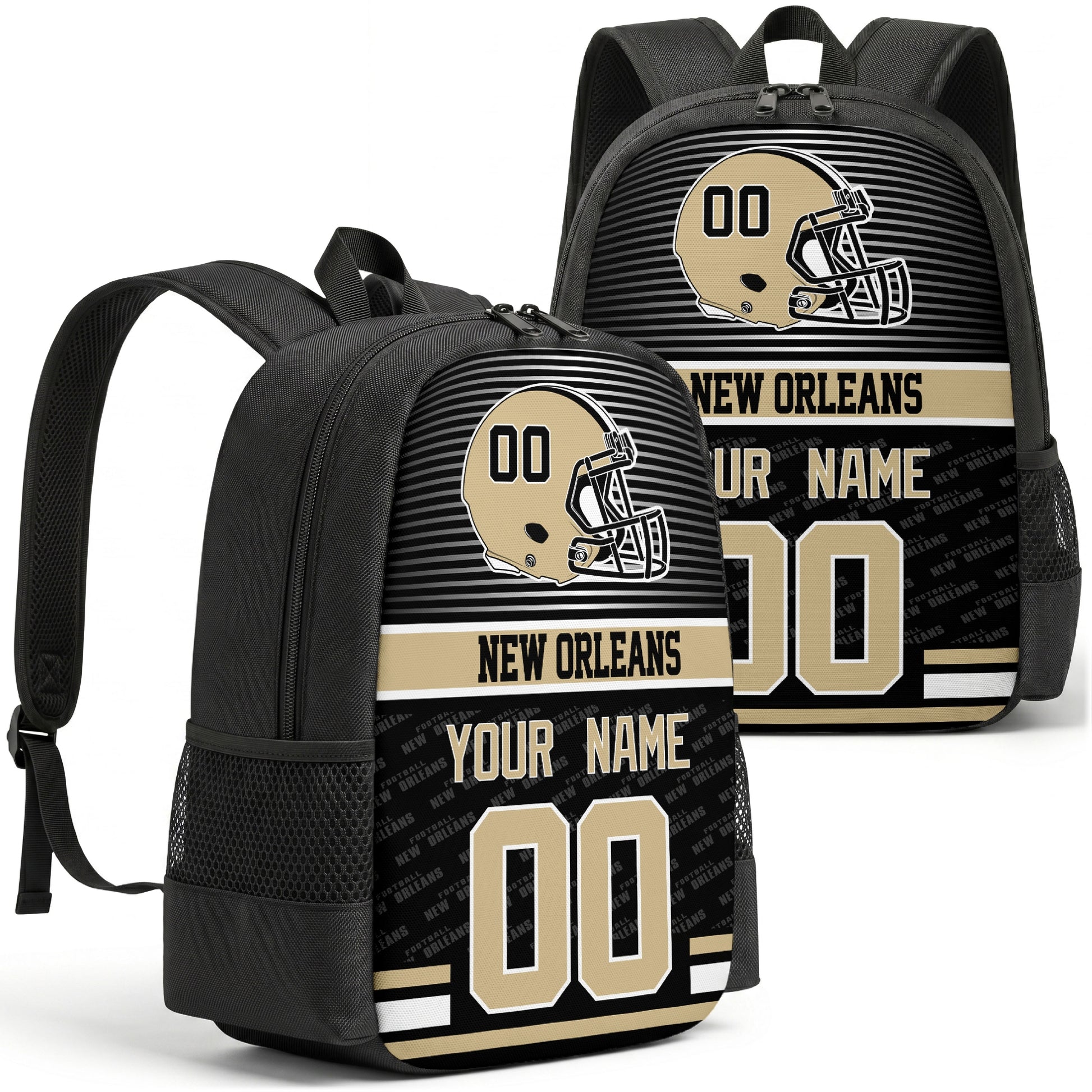 Custom football backpack in New Orleans city colors with name and number