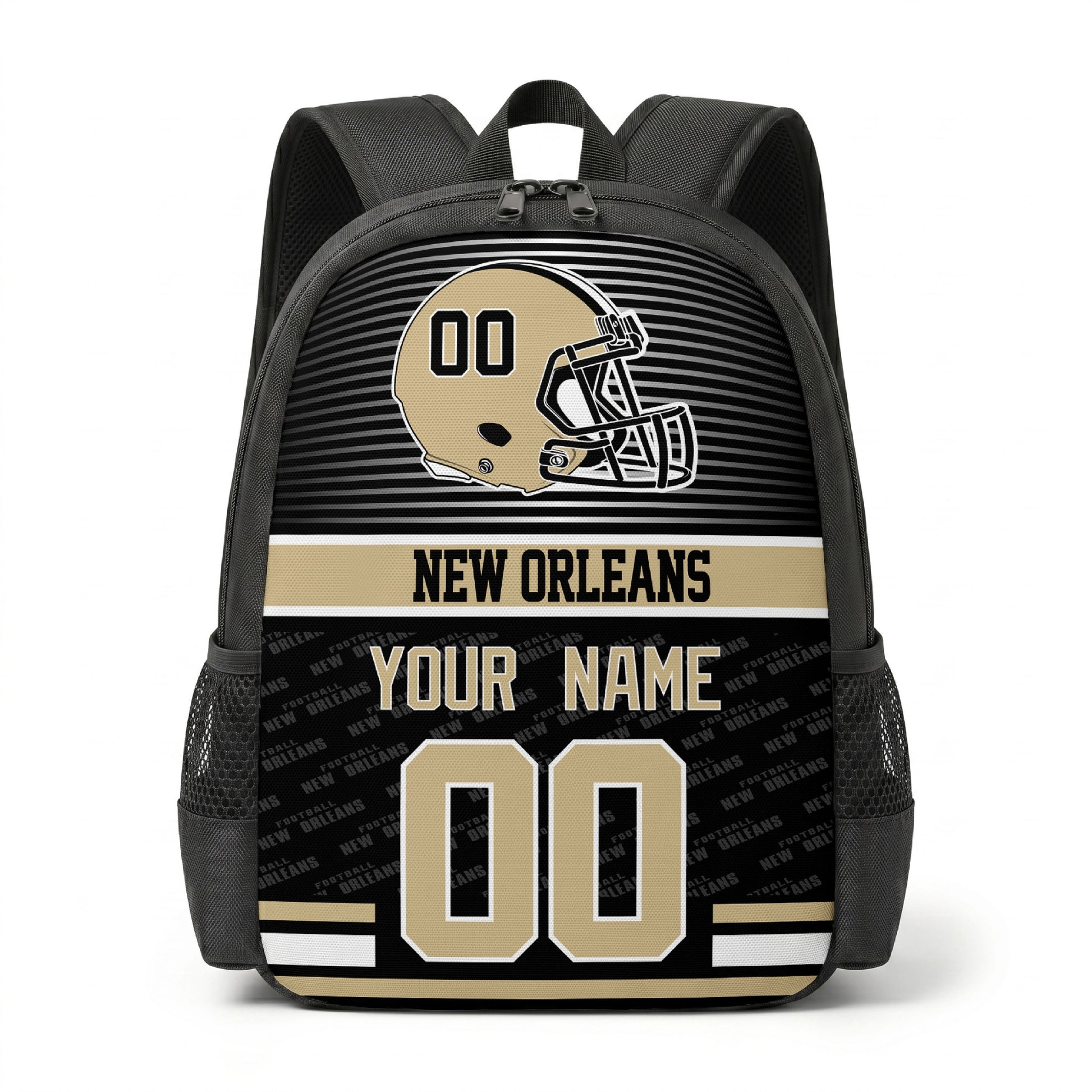 New Orleans city color football backpack front view with helmet graphic