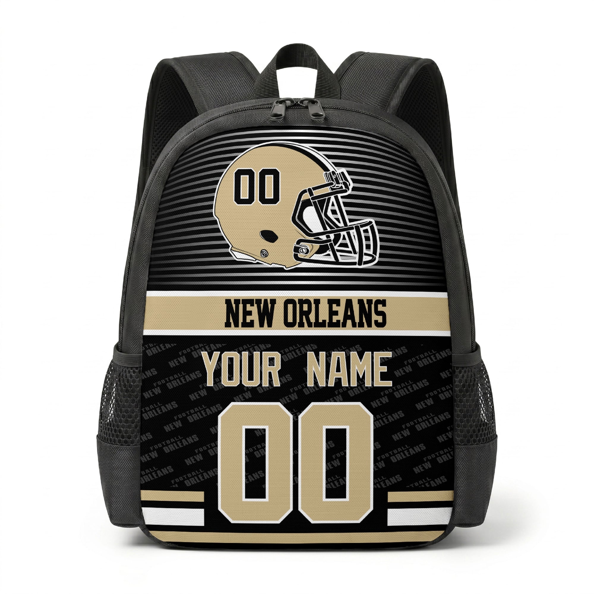 New Orleans city color football backpack front view with helmet graphic