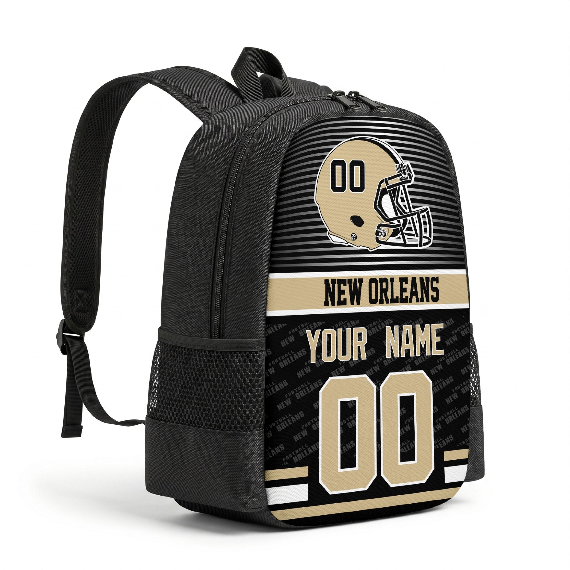 New Orleans personalized football backpack angled view with black straps
