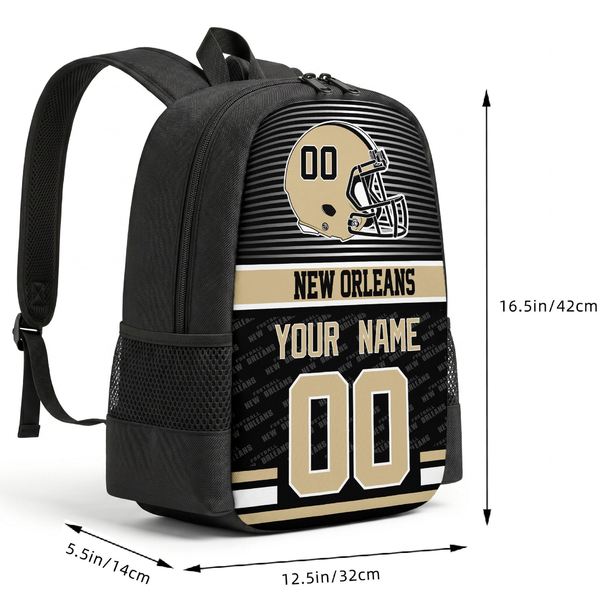 New Orleans custom football backpack size chart 16.5 by 12.5 by 5.5 inches