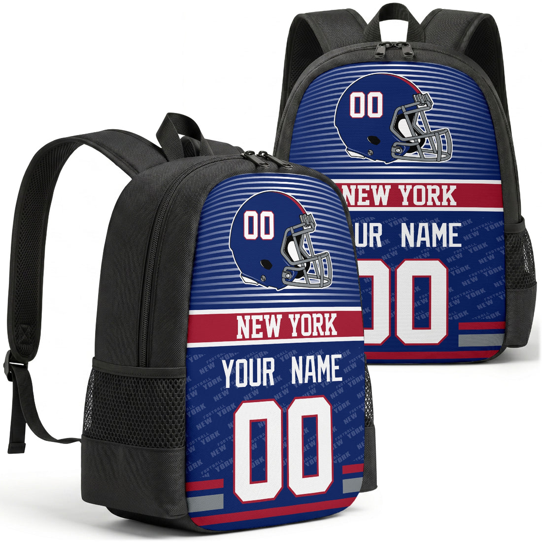 Custom football backpack in New York city colors with name and number