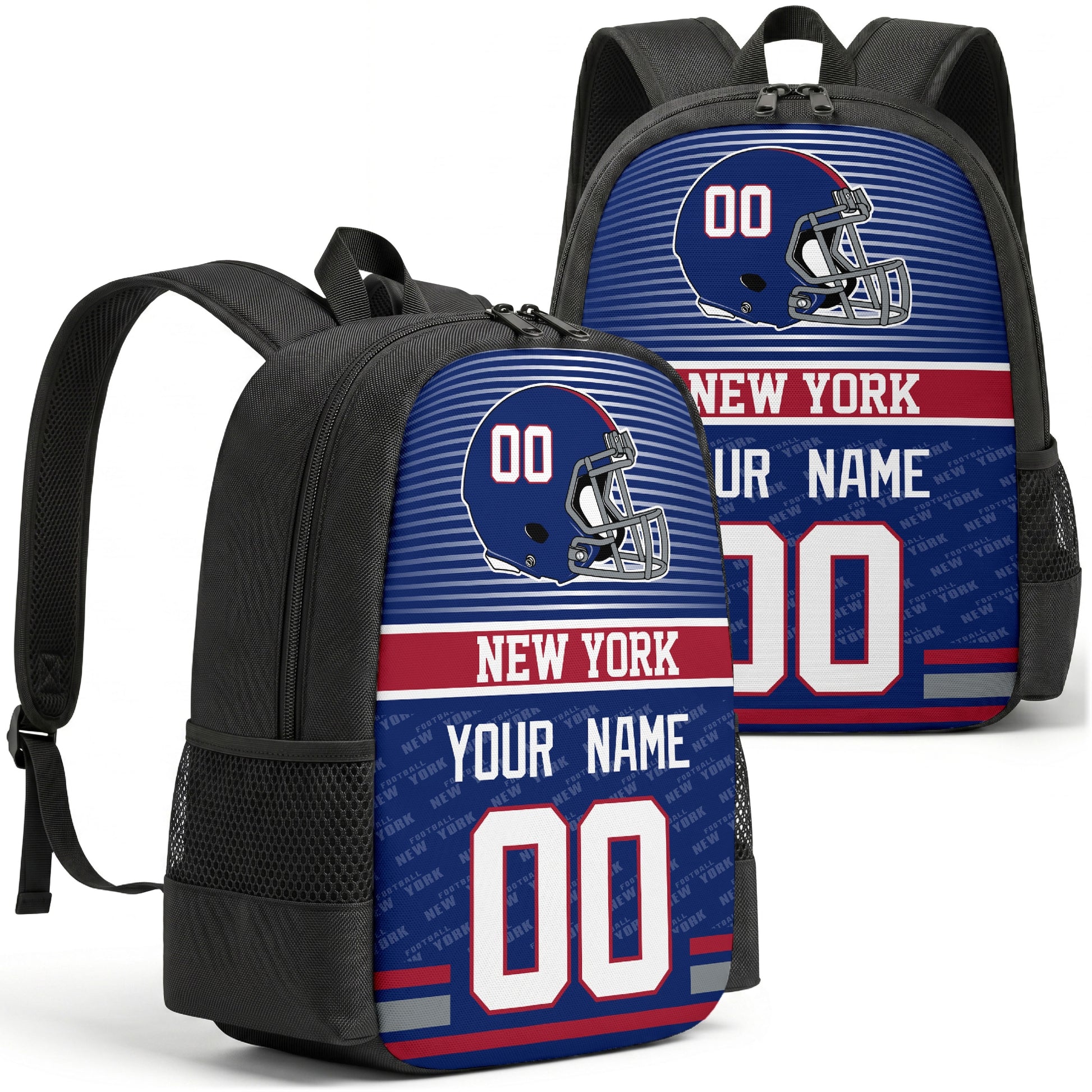 Custom football backpack in New York city colors with name and number