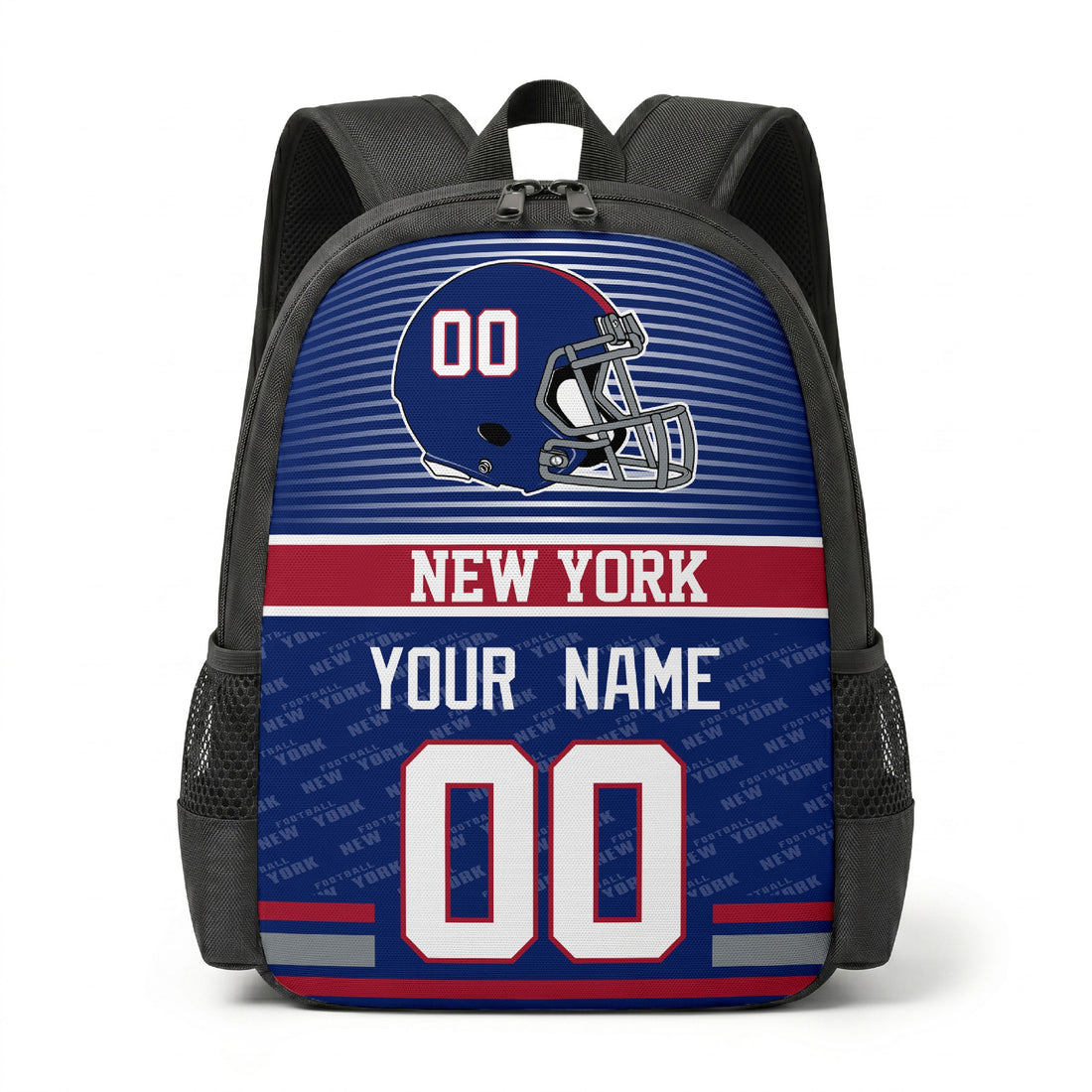 Custom football backpack in New York city colors with name and number