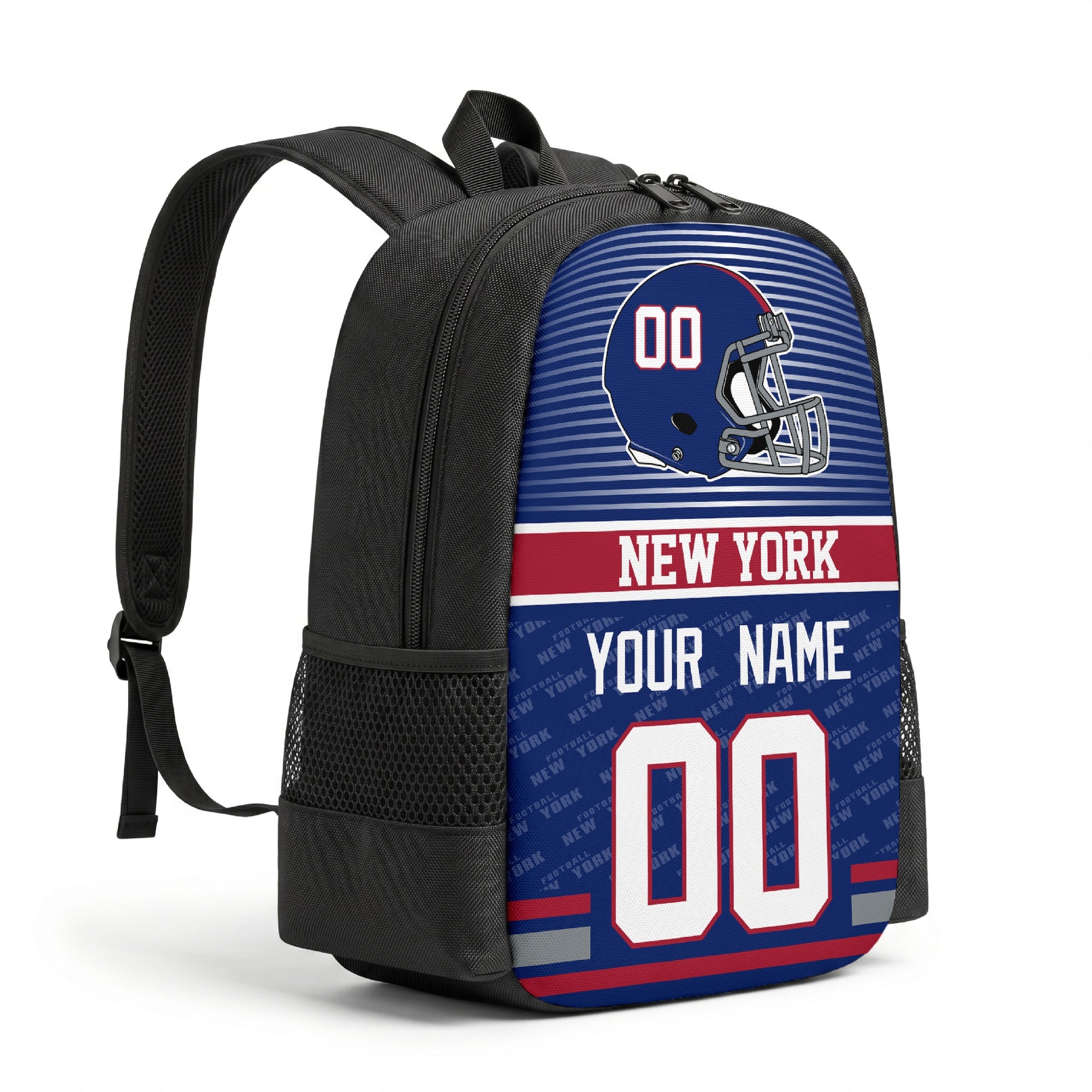 New York personalized football backpack angled view with black straps