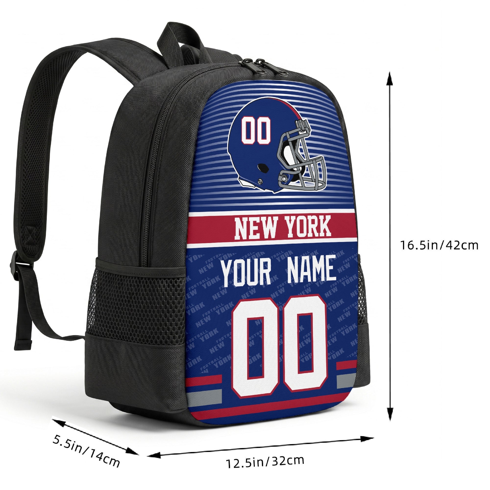 New York custom football backpack size chart 16.5 by 12.5 by 5.5 inches