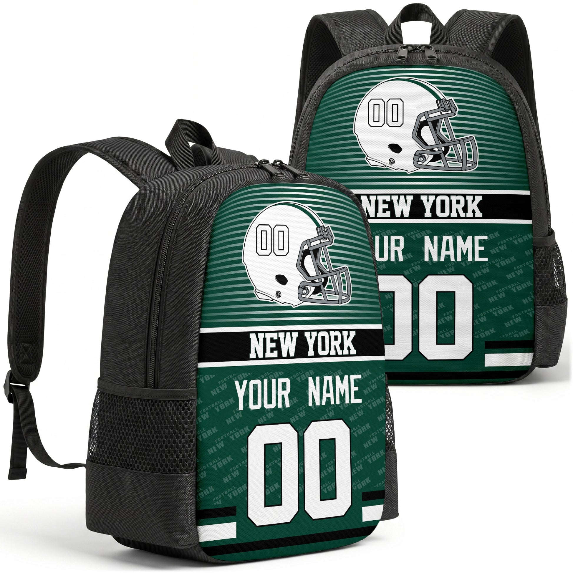 Custom football backpack in New York J city colors with name and number