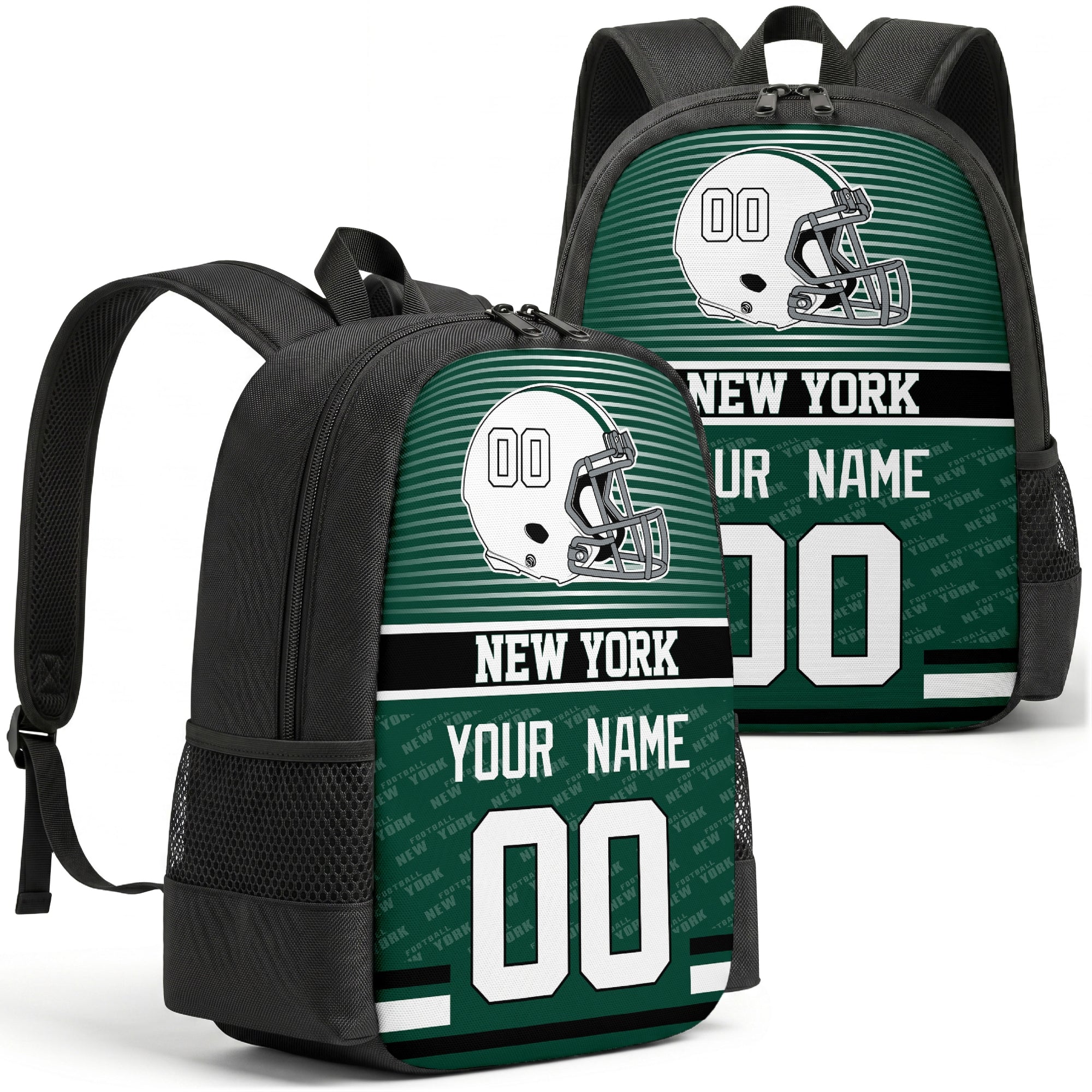 Custom football backpack in New York J city colors with name and number