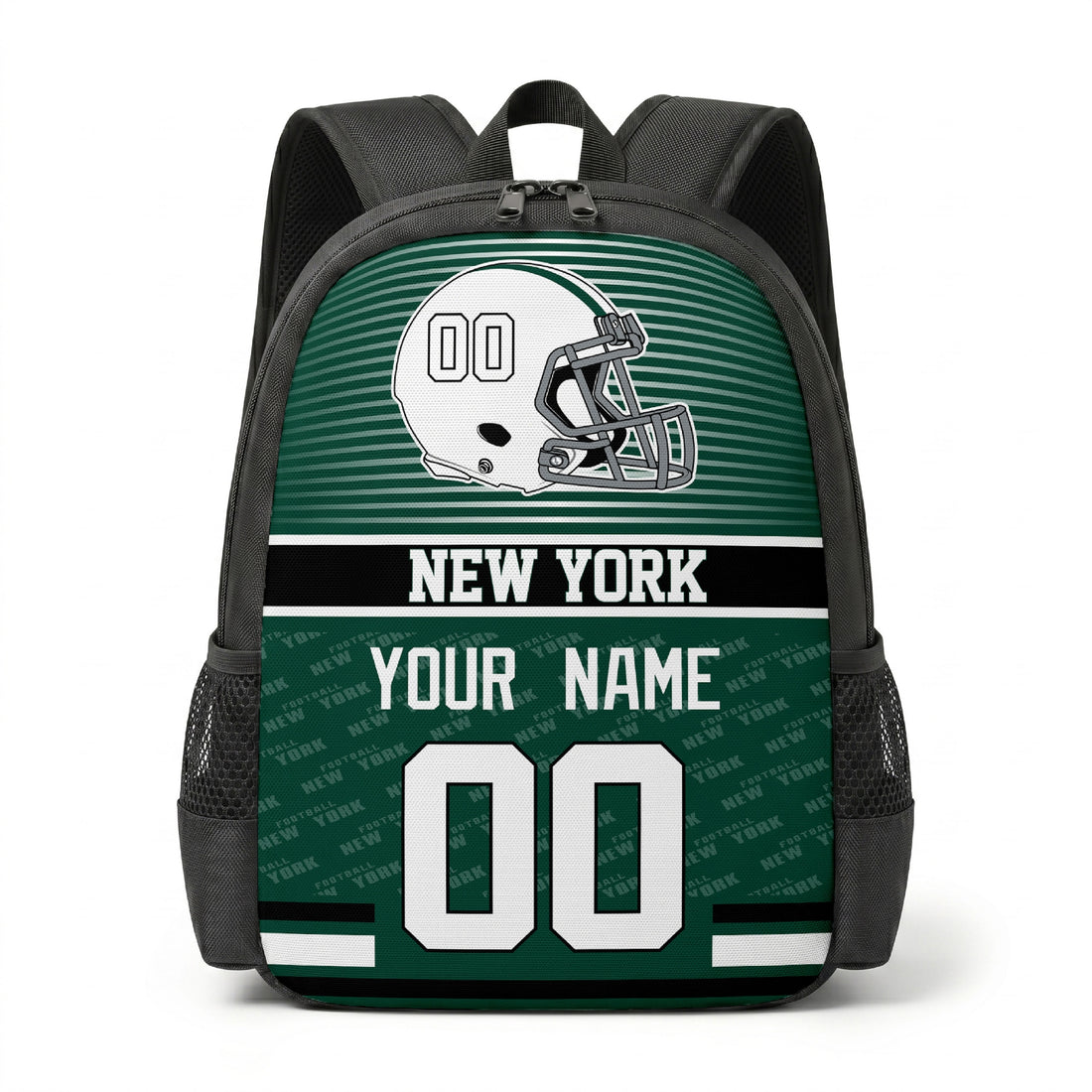 Custom football backpack in New York J city colors with name and number
