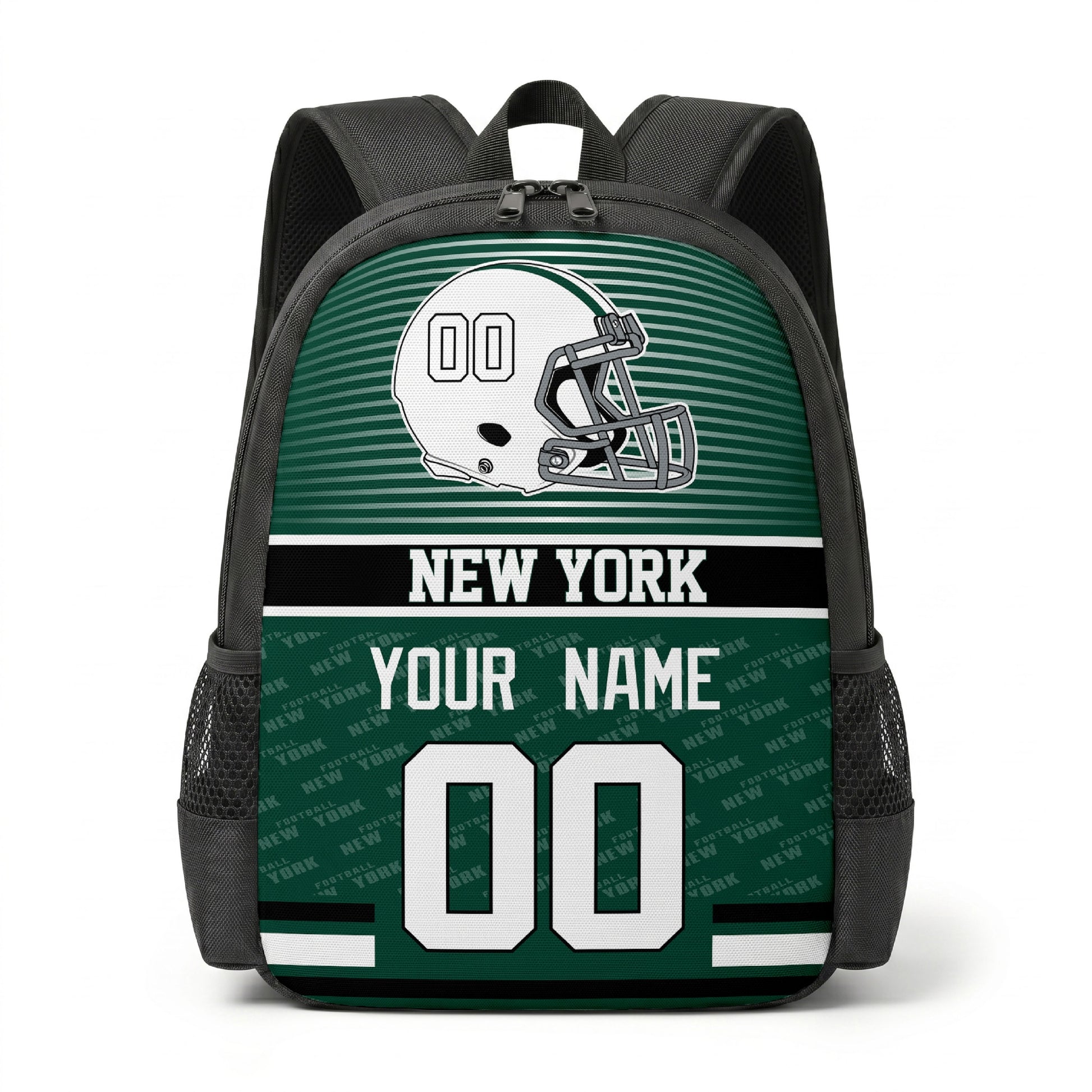 New York J city color football backpack front view with helmet graphic
