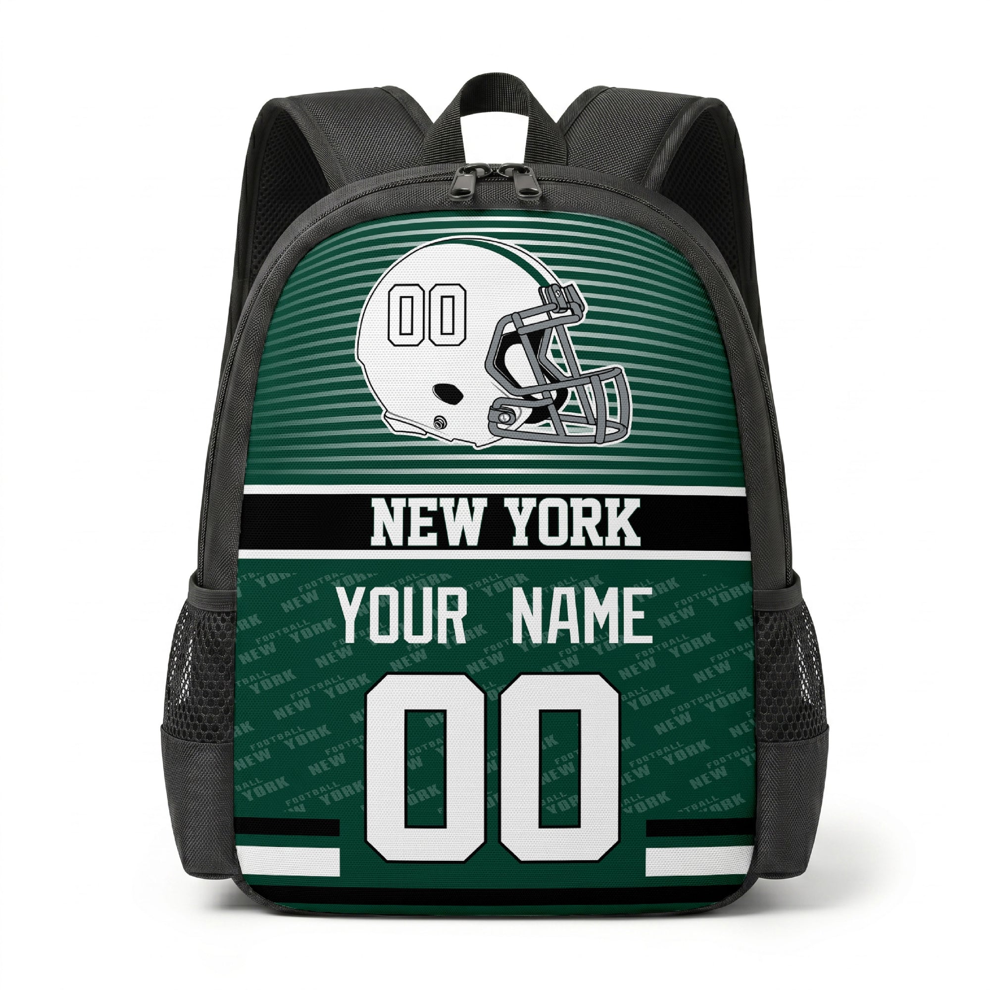 New York J city color football backpack front view with helmet graphic