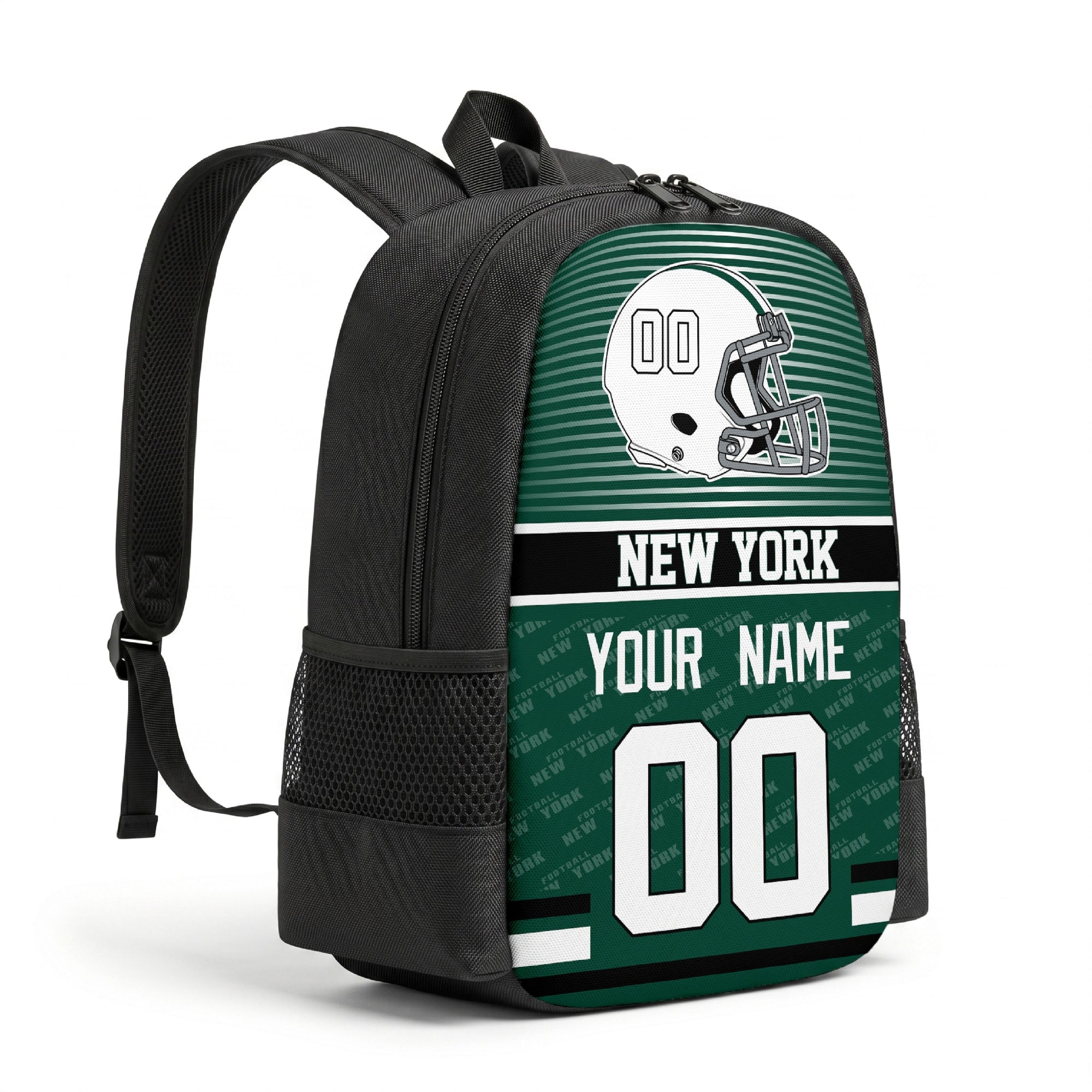 New York J personalized football backpack angled view with black straps