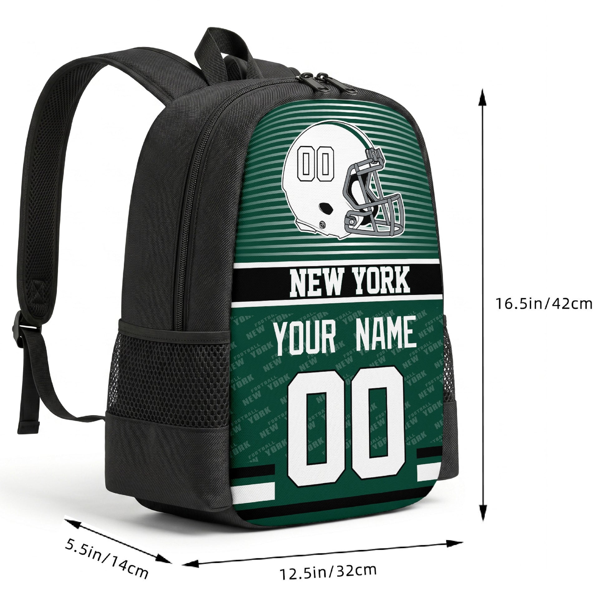 New York J custom football backpack size chart 16.5 by 12.5 by 5.5 inches
