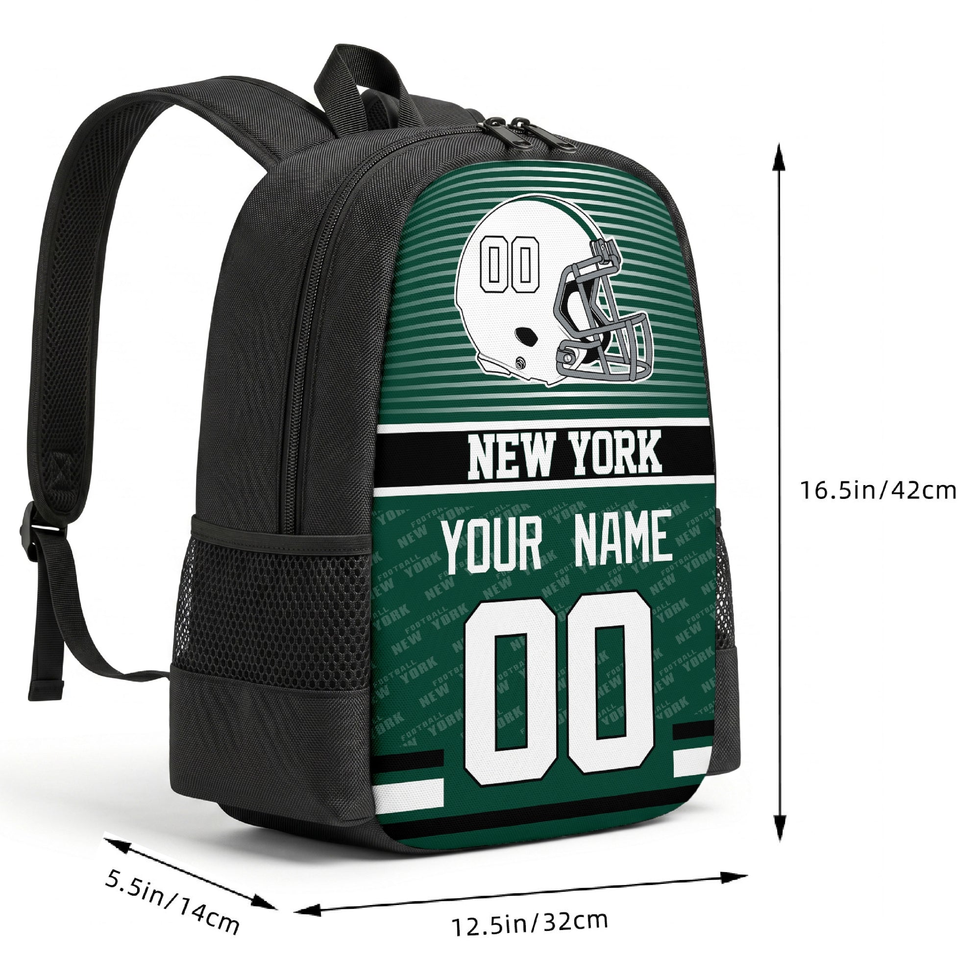 New York J custom football backpack size chart 16.5 by 12.5 by 5.5 inches