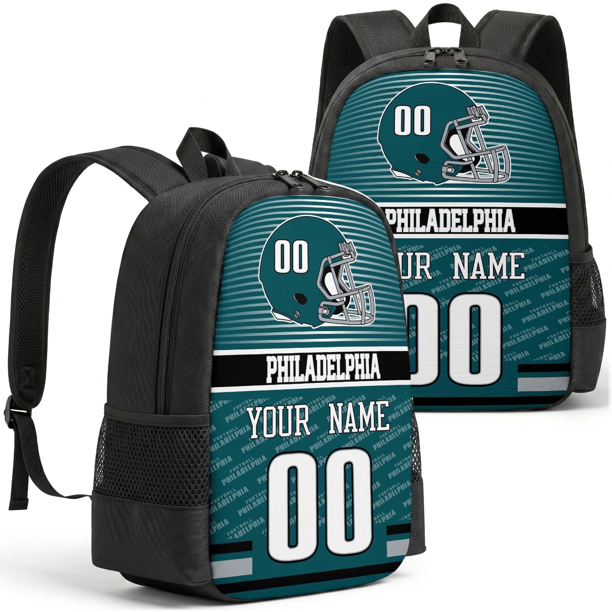 Custom football backpack in Philadelphia city colors with name and number