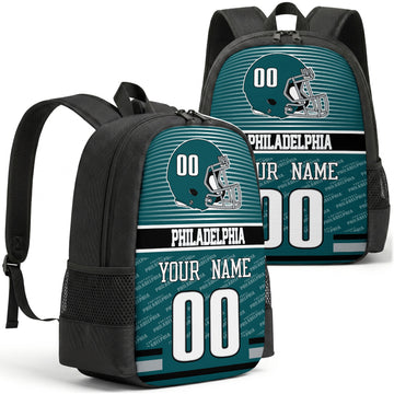 Custom football backpack in Philadelphia city colors with name and number