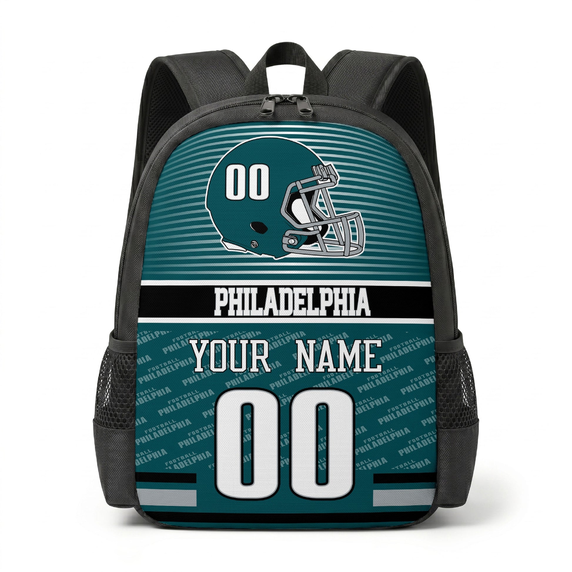 Philadelphia city color football backpack front view with helmet graphic