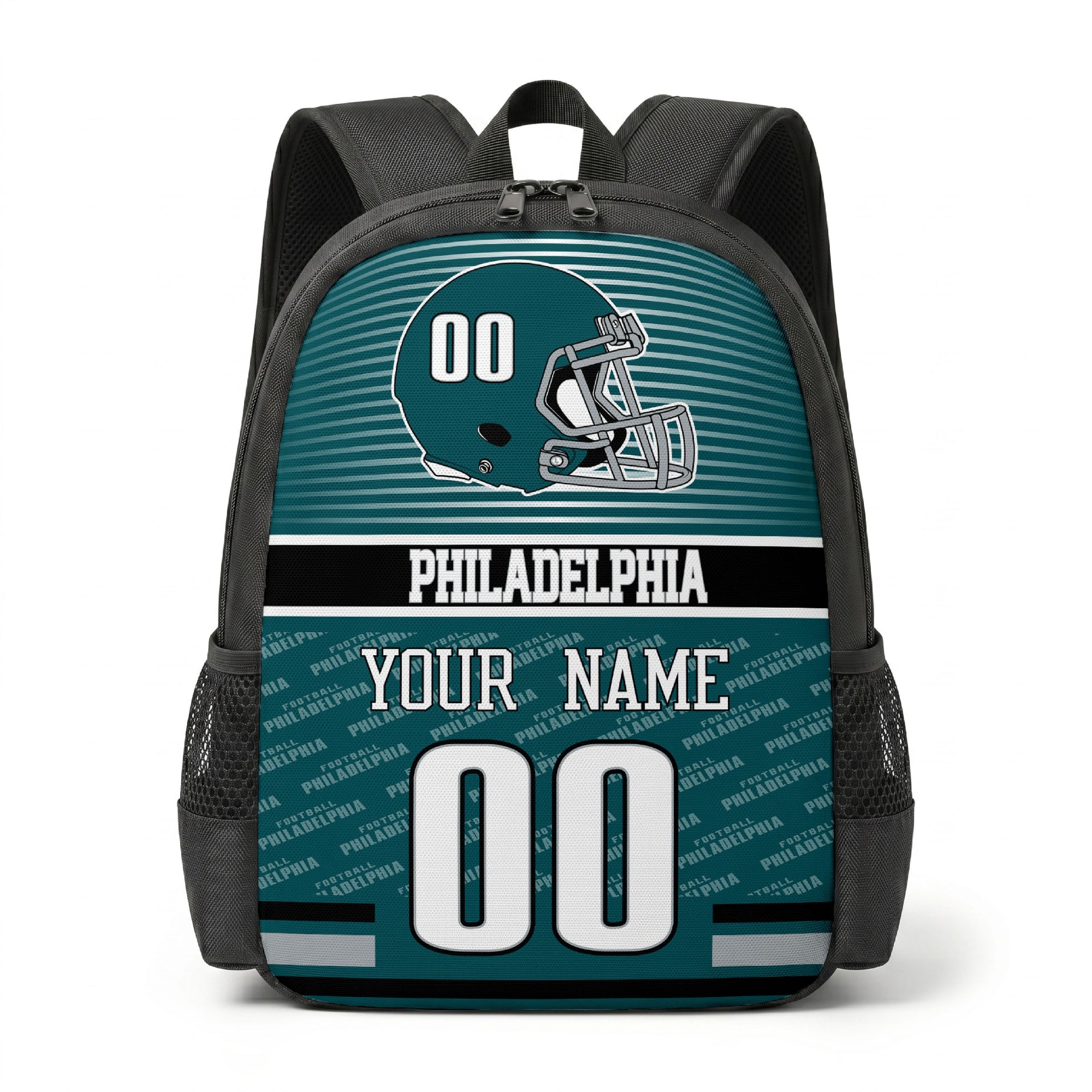 Philadelphia city color football backpack front view with helmet graphic
