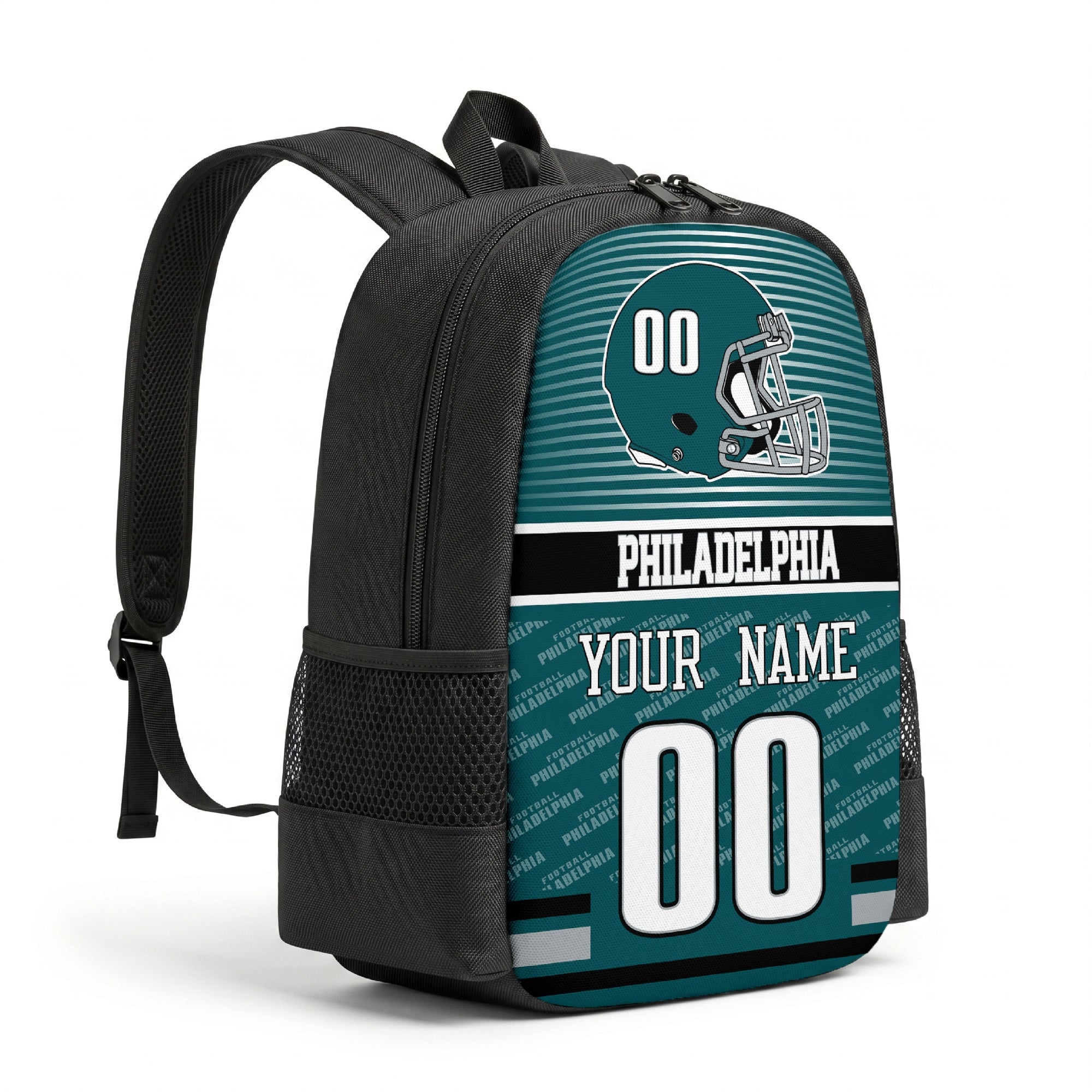 Philadelphia personalized football backpack angled view with black straps