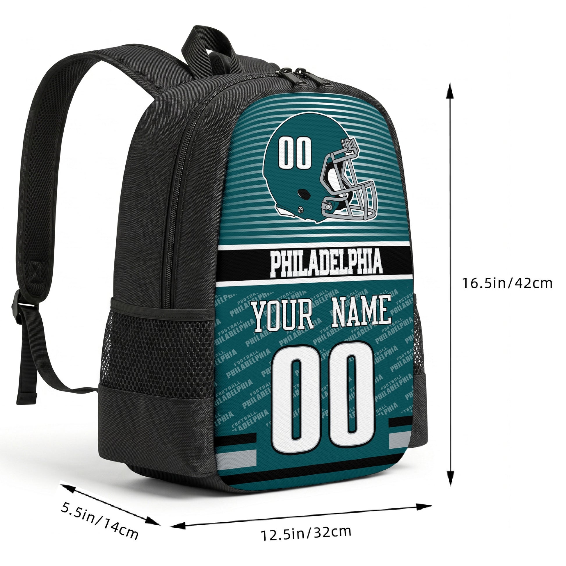 Philadelphia custom football backpack size chart 16.5 by 12.5 by 5.5 inches