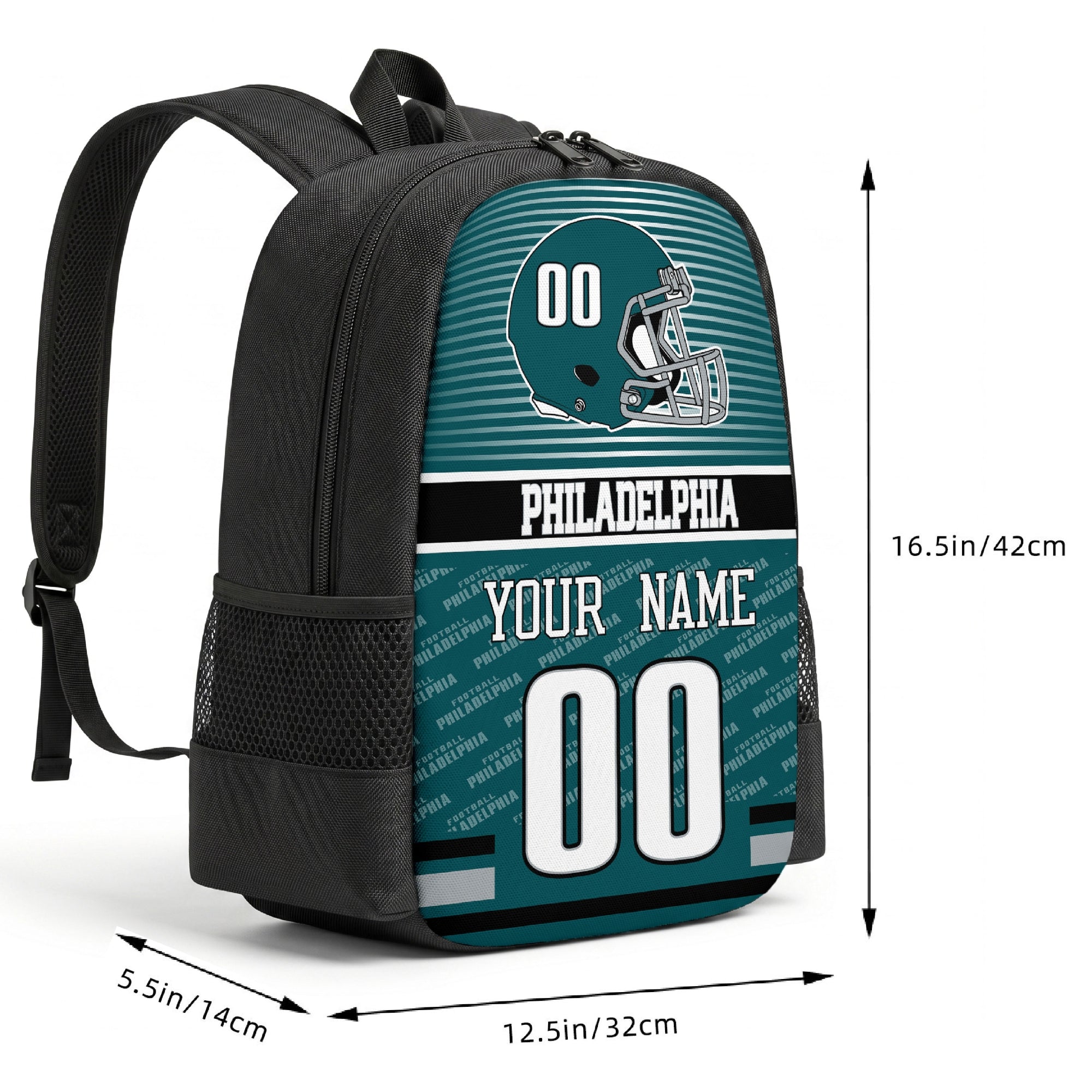 Philadelphia custom football backpack size chart 16.5 by 12.5 by 5.5 inches