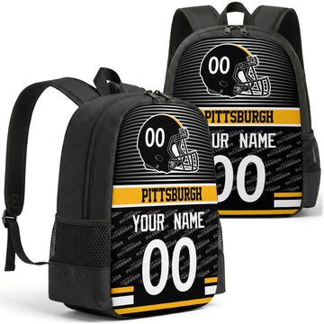 Custom football backpack in Pittsburgh city colors with name and number