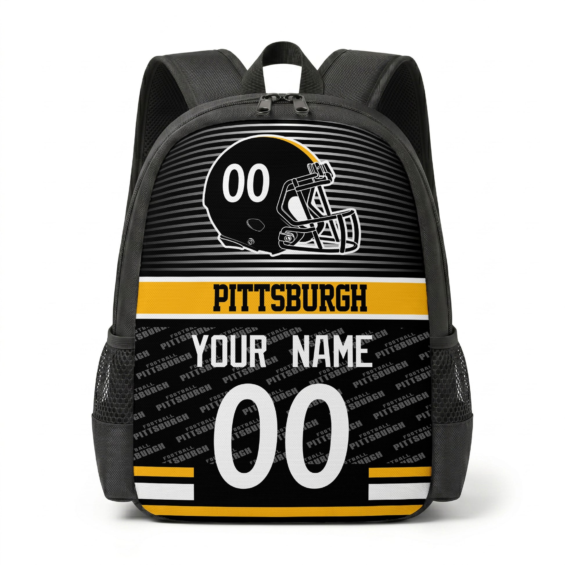 Pittsburgh city color football backpack front view with helmet graphic